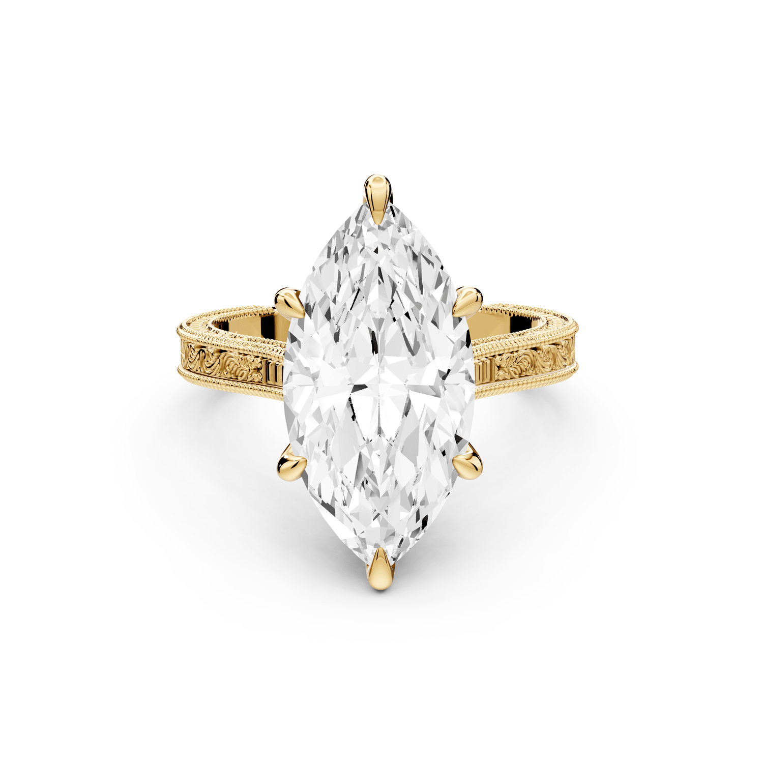 Daniel - 4ct 18k yellow gold Marquise Vintage-Inspired Solitaire Engagement Ring with Hand-Engraved Milgrain Band - Mr. Alex Jewelry