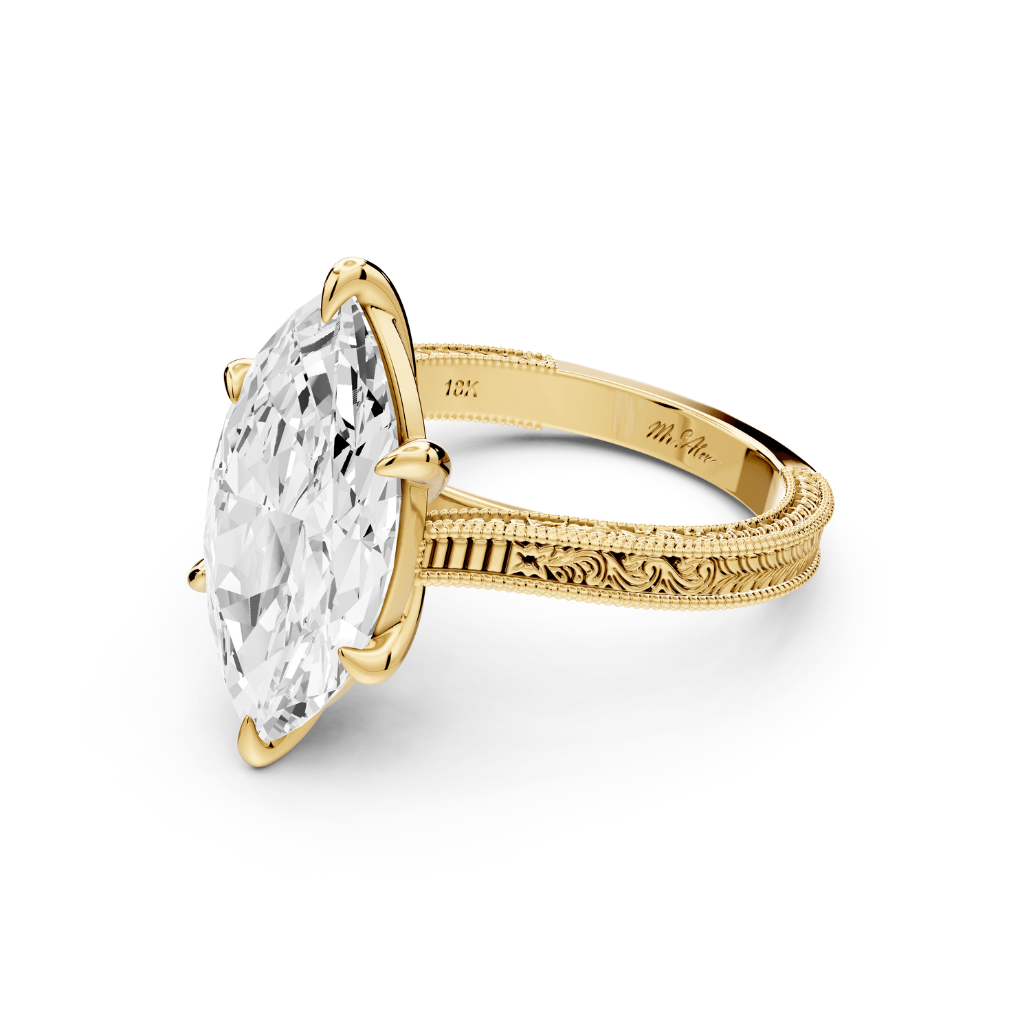 Daniel - 4ct 18k yellow gold Marquise Vintage-Inspired Solitaire Engagement Ring with Hand-Engraved Milgrain Band - Mr. Alex Jewelry