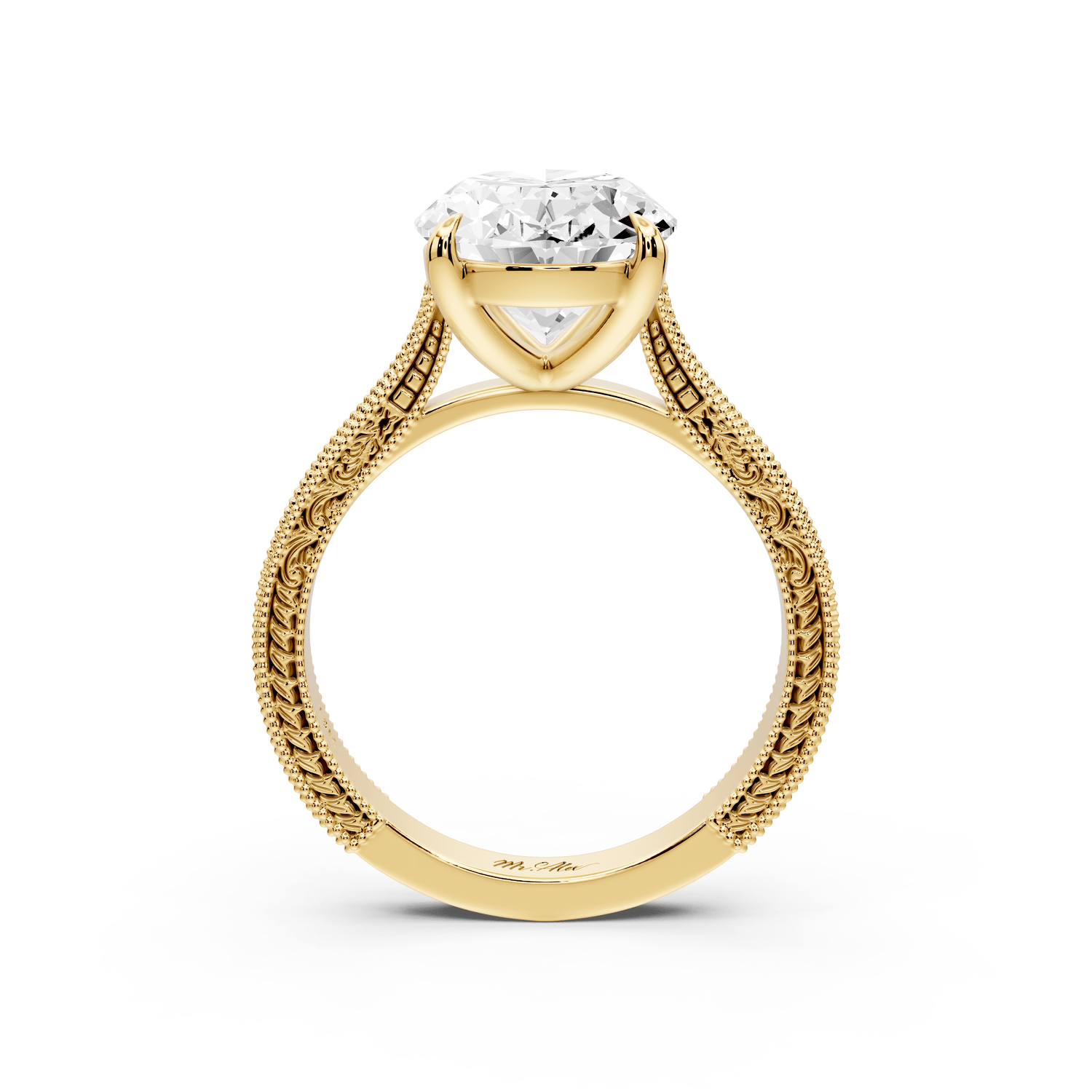 Daniel - 4ct 18k yellow gold Oval Vintage-Inspired Solitaire Engagement Ring with Hand-Engraved Milgrain Band - Mr. Alex Jewelry