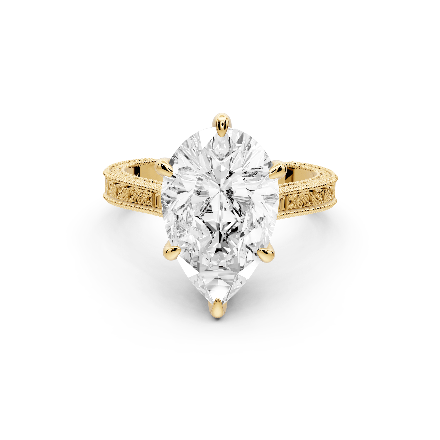 Daniel - 4ct 18k yellow gold Pear Vintage-Inspired Solitaire Engagement Ring with Hand-Engraved Milgrain Band - Mr. Alex Jewelry