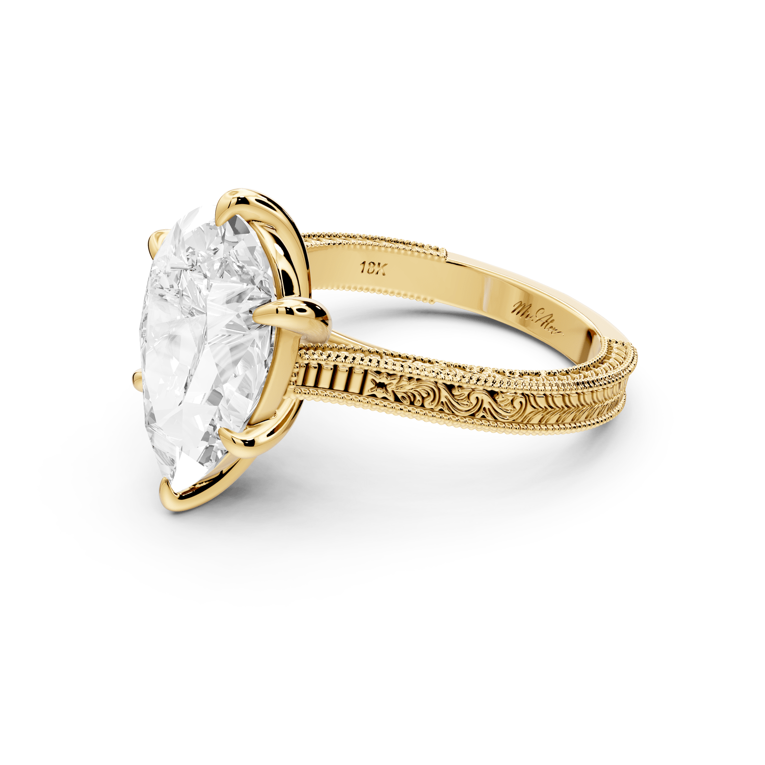 Daniel - 4ct 18k yellow gold Pear Vintage-Inspired Solitaire Engagement Ring with Hand-Engraved Milgrain Band - Mr. Alex Jewelry