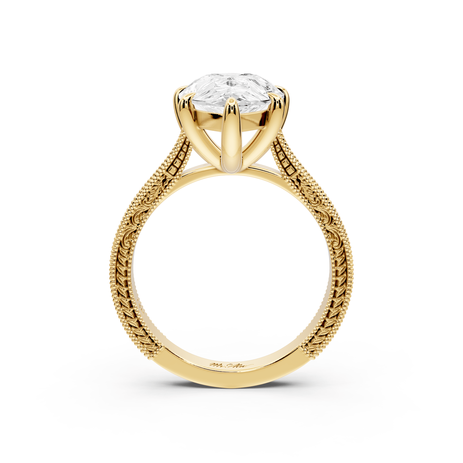 Daniel - 4ct 18k yellow gold Pear Vintage-Inspired Solitaire Engagement Ring with Hand-Engraved Milgrain Band - Mr. Alex Jewelry