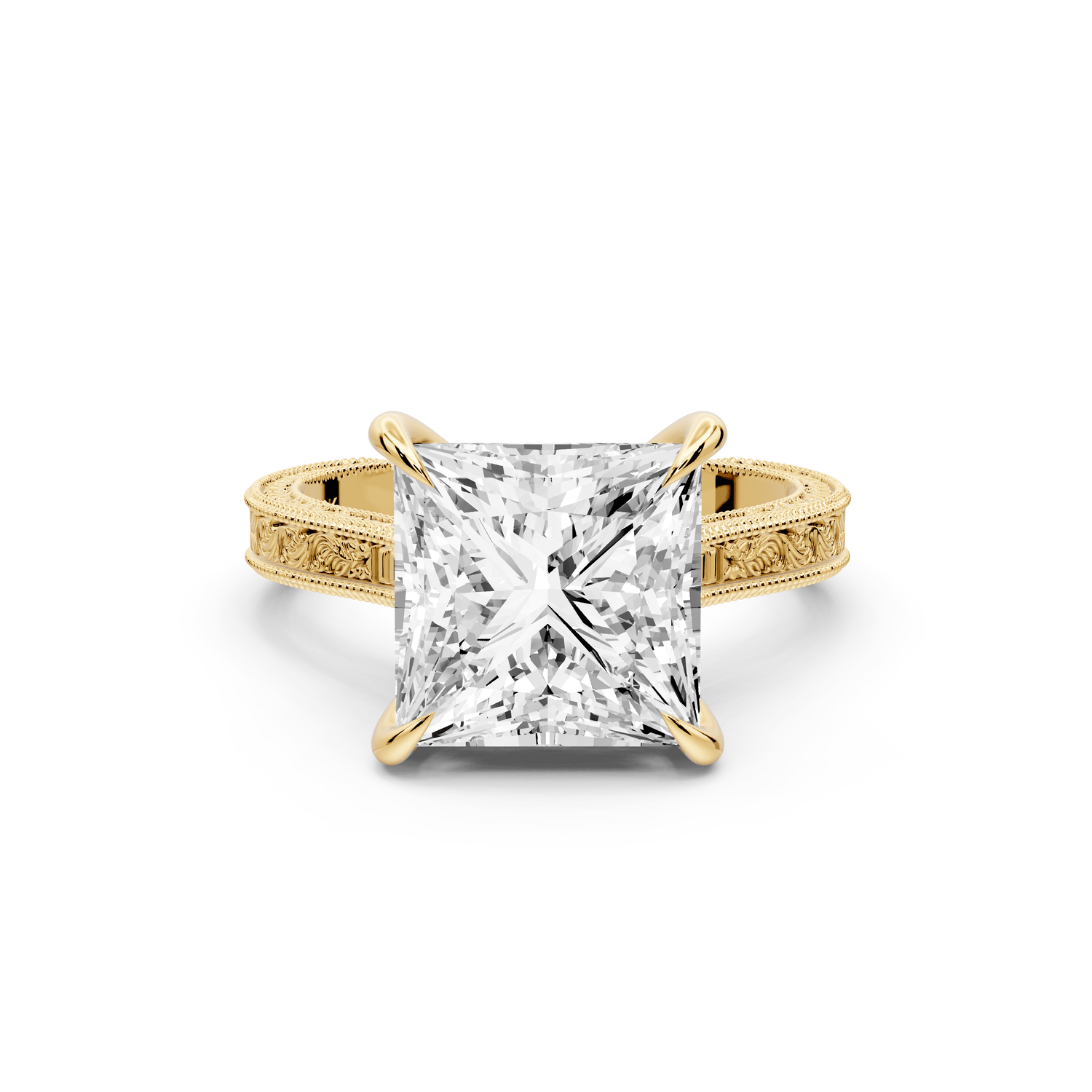 Daniel - 4ct 18k yellow gold Princess Vintage-Inspired Solitaire Engagement Ring with Hand-Engraved Milgrain Band - Mr. Alex Jewelry