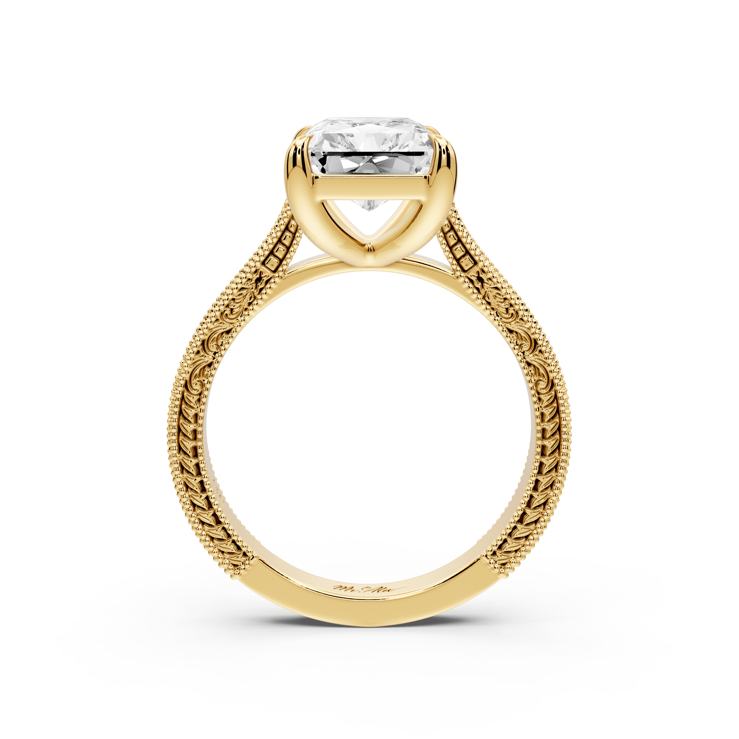 Daniel - 4ct 18k yellow gold Radiant Vintage-Inspired Solitaire Engagement Ring with Hand-Engraved Milgrain Band - Mr. Alex Jewelry