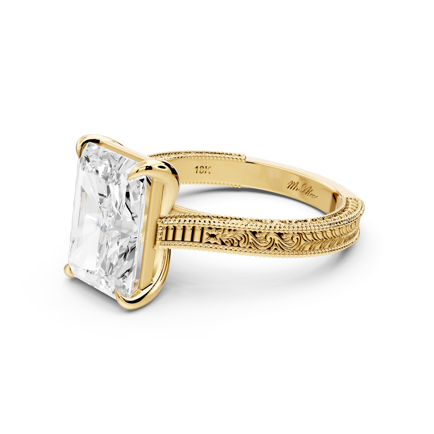 Daniel - 4ct 18k yellow gold Radiant Vintage-Inspired Solitaire Engagement Ring with Hand-Engraved Milgrain Band - Mr. Alex Jewelry