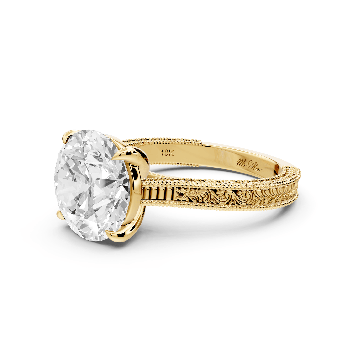 Daniel - 4ct 18k yellow gold Round Vintage-Inspired Solitaire Engagement Ring with Hand-Engraved Milgrain Band - Mr. Alex Jewelry