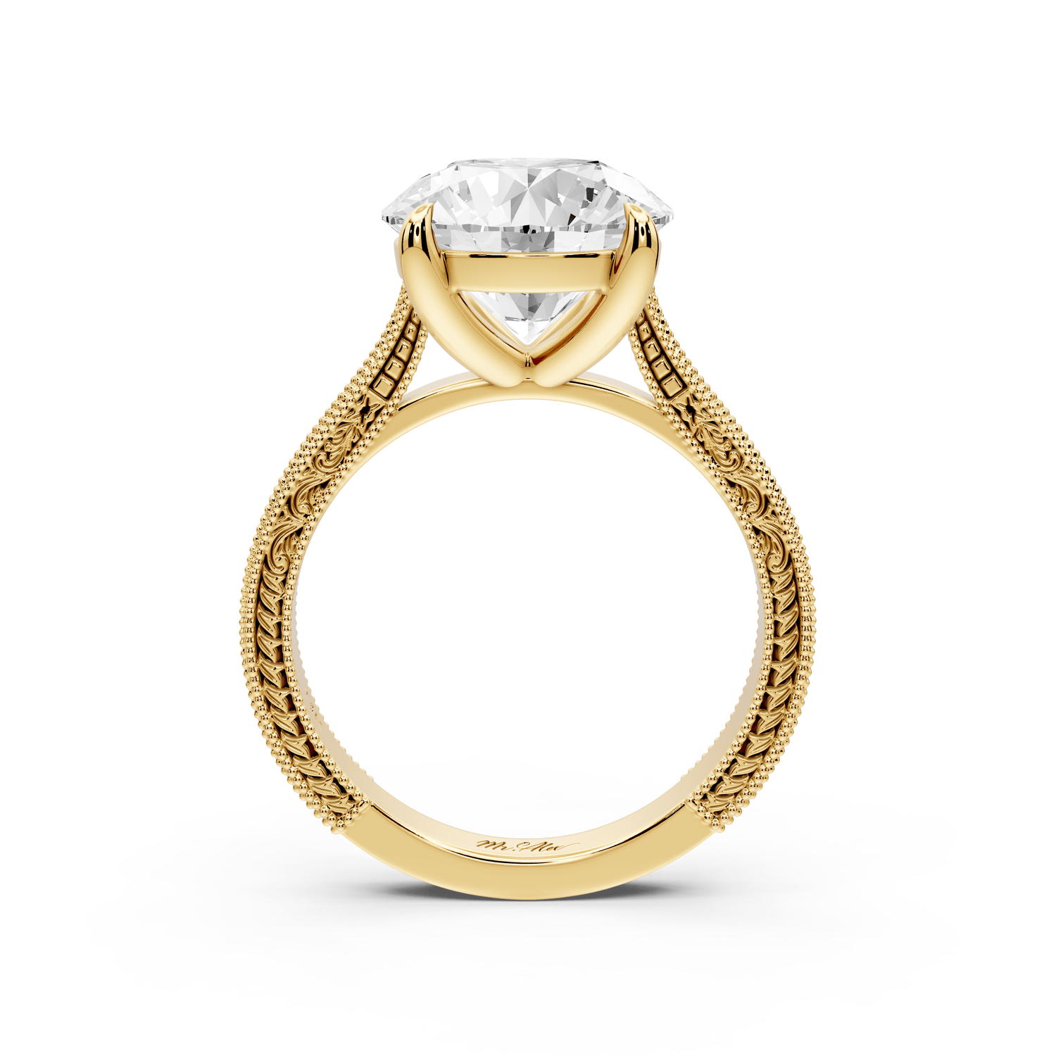 Daniel - 4ct 18k yellow gold Round Vintage-Inspired Solitaire Engagement Ring with Hand-Engraved Milgrain Band - Mr. Alex Jewelry