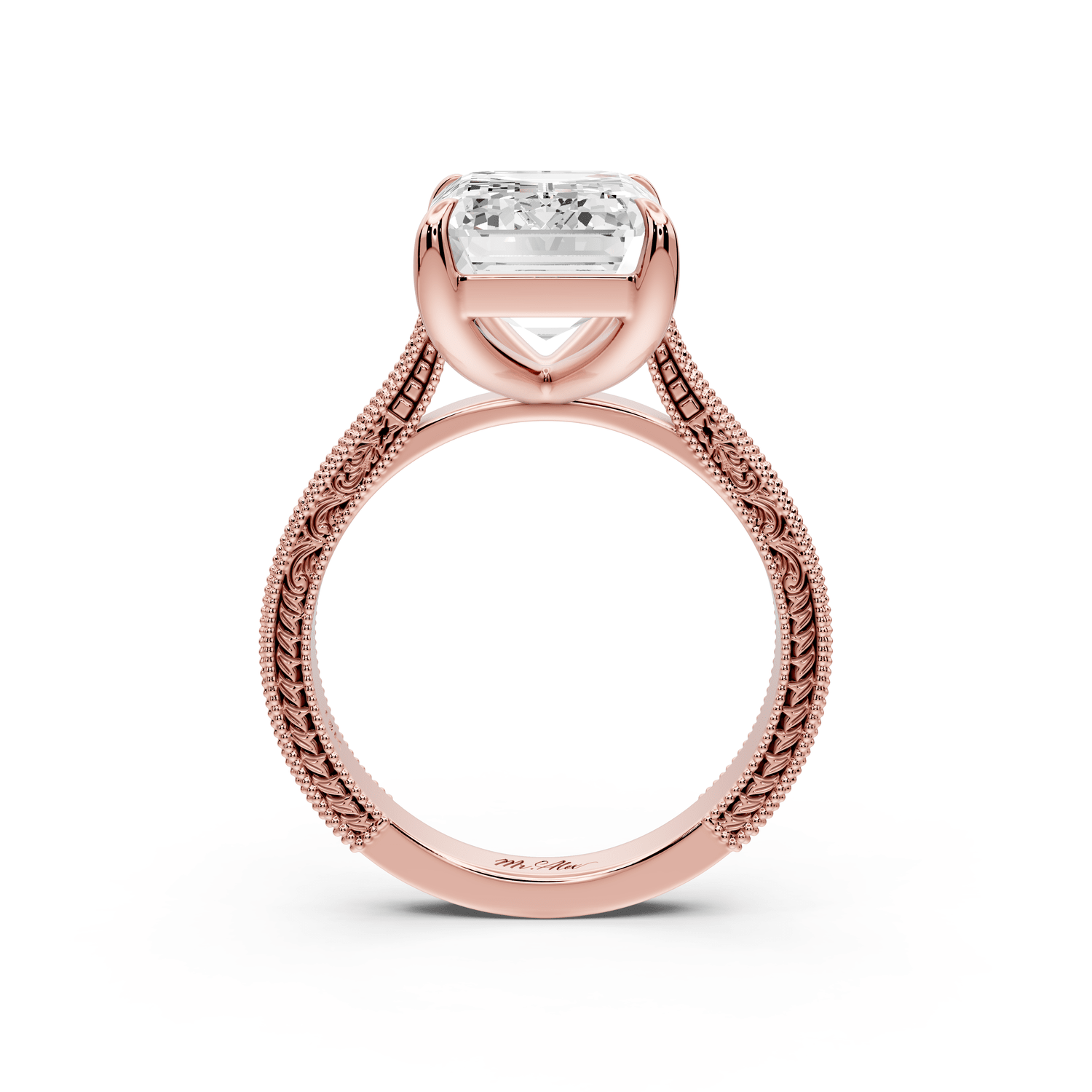 Daniel - 5ct 14k rose gold Emerald Vintage-Inspired Solitaire Engagement Ring with Hand-Engraved Milgrain Band - Mr. Alex Jewelry