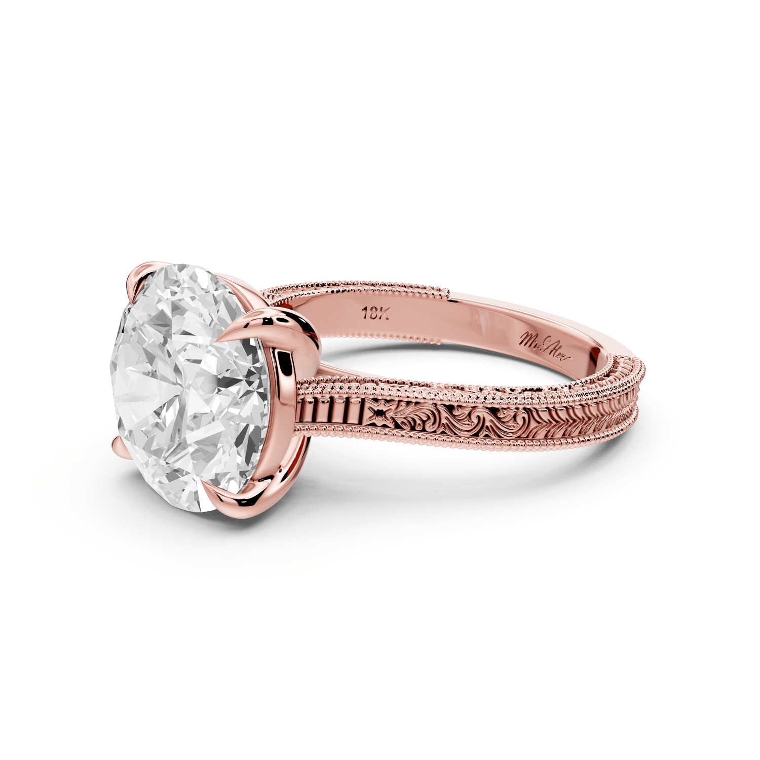 Daniel - 5ct 14k rose gold Round Vintage-Inspired Solitaire Engagement Ring with Hand-Engraved Milgrain Band - Mr. Alex Jewelry