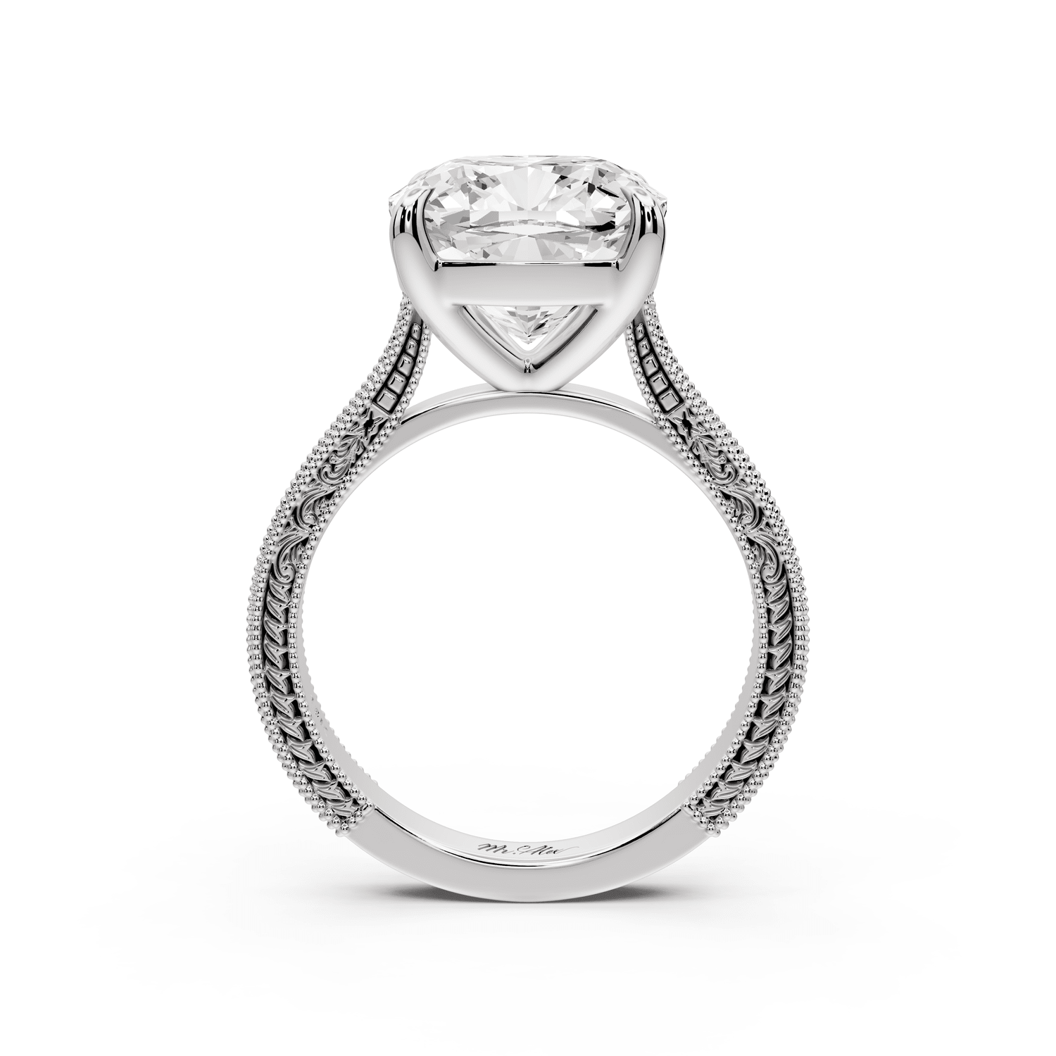 Daniel - 5ct 14k white gold Cushion Vintage-Inspired Solitaire Engagement Ring with Hand-Engraved Milgrain Band - Mr. Alex Jewelry