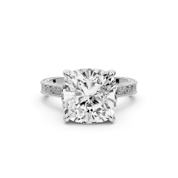 Daniel - 5ct 14k white gold Cushion Vintage-Inspired Solitaire Engagement Ring with Hand-Engraved Milgrain Band - Mr. Alex Jewelry