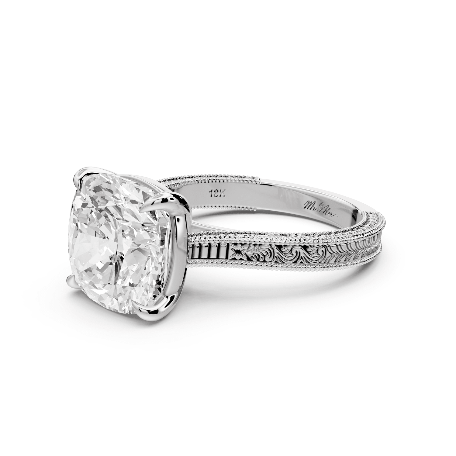 Daniel - 5ct 14k white gold Cushion Vintage-Inspired Solitaire Engagement Ring with Hand-Engraved Milgrain Band - Mr. Alex Jewelry