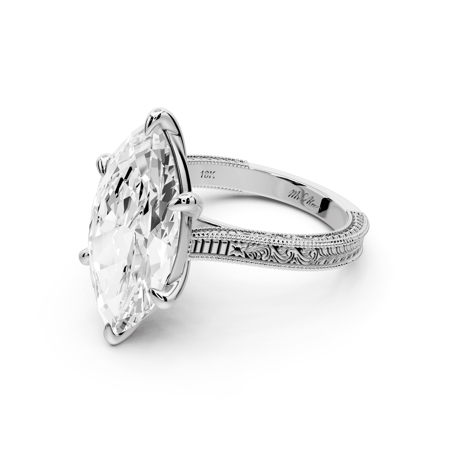 Daniel - 5ct 14k white gold Marquise Vintage-Inspired Solitaire Engagement Ring with Hand-Engraved Milgrain Band - Mr. Alex Jewelry