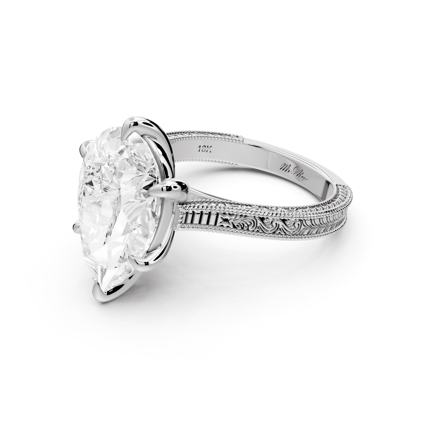 Daniel - 5ct 14k white gold Pear Vintage-Inspired Solitaire Engagement Ring with Hand-Engraved Milgrain Band - Mr. Alex Jewelry
