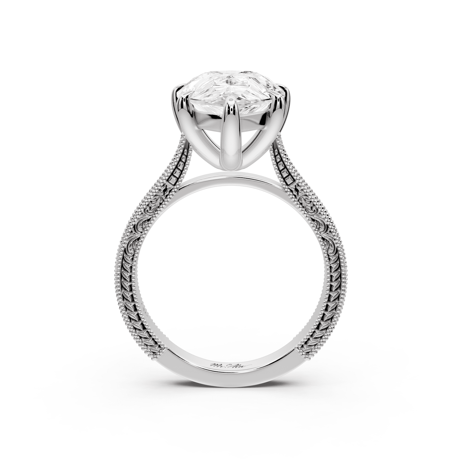 Daniel - 5ct 14k white gold Pear Vintage-Inspired Solitaire Engagement Ring with Hand-Engraved Milgrain Band - Mr. Alex Jewelry