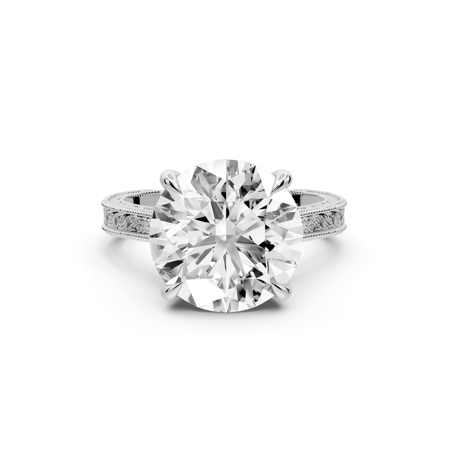 Daniel - 5ct 14k white gold Round Vintage-Inspired Solitaire Engagement Ring with Hand-Engraved Milgrain Band - Mr. Alex Jewelry