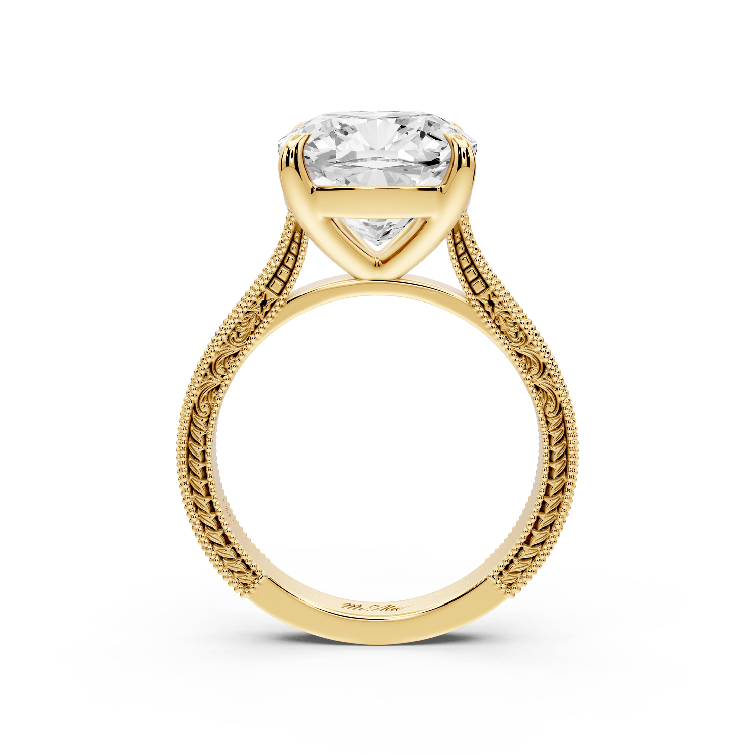 Daniel - 5ct 14k yellow gold Cushion Vintage-Inspired Solitaire Engagement Ring with Hand-Engraved Milgrain Band - Mr. Alex Jewelry