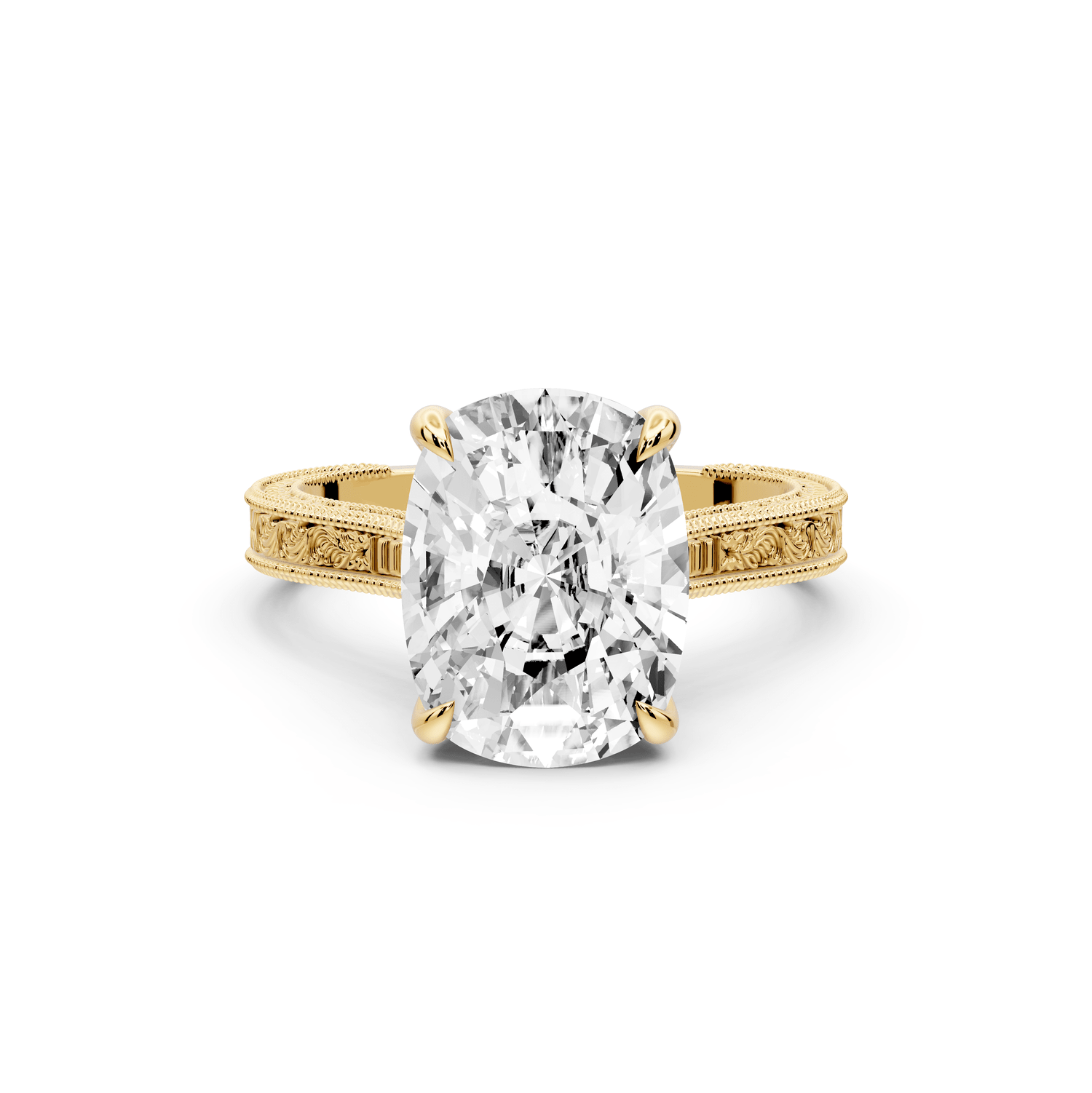 Daniel - 5ct 14k yellow gold Ecushion Vintage-Inspired Solitaire Engagement Ring with Hand-Engraved Milgrain Band - Mr. Alex Jewelry