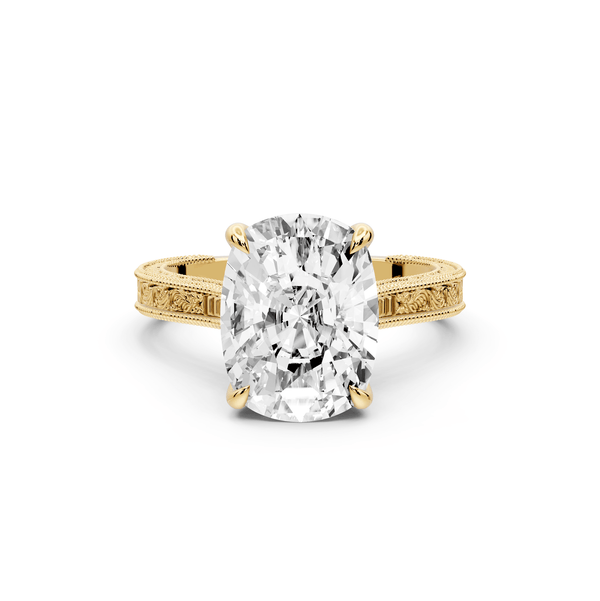 Daniel - 5ct 14k yellow gold Ecushion Vintage-Inspired Solitaire Engagement Ring with Hand-Engraved Milgrain Band - Mr. Alex Jewelry