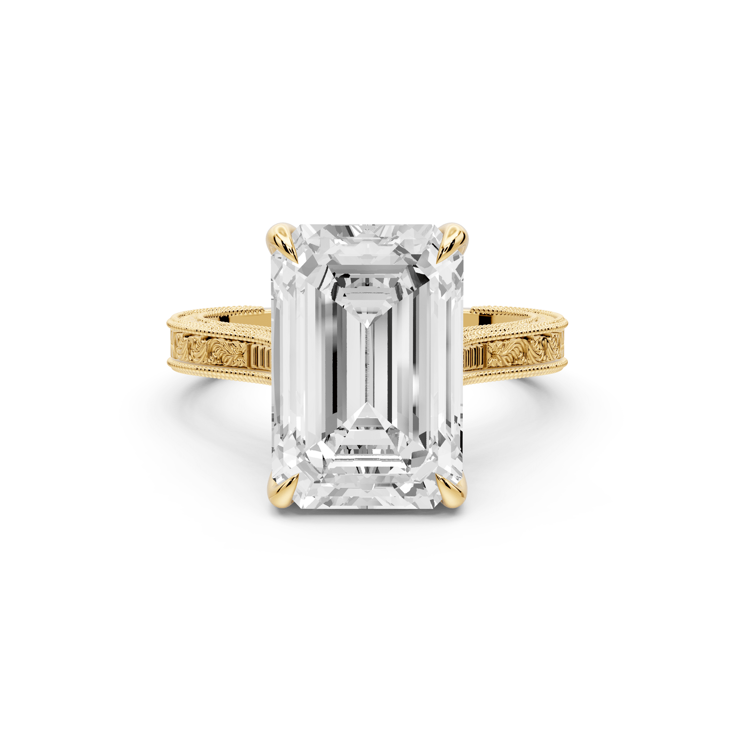 Daniel - 5ct 14k yellow gold Emerald Vintage-Inspired Solitaire Engagement Ring with Hand-Engraved Milgrain Band - Mr. Alex Jewelry