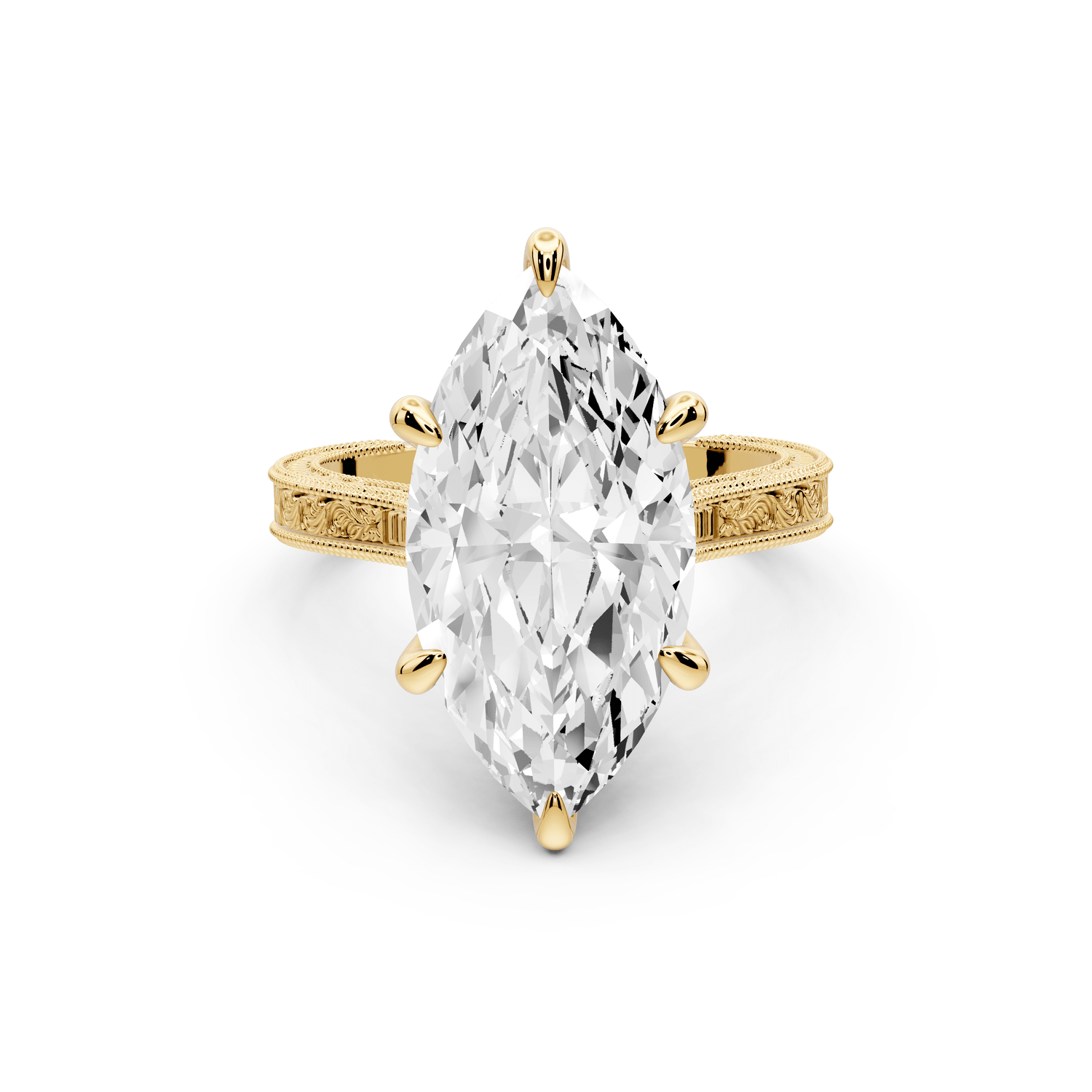 Daniel - 5ct 14k yellow gold Marquise Vintage-Inspired Solitaire Engagement Ring with Hand-Engraved Milgrain Band - Mr. Alex Jewelry
