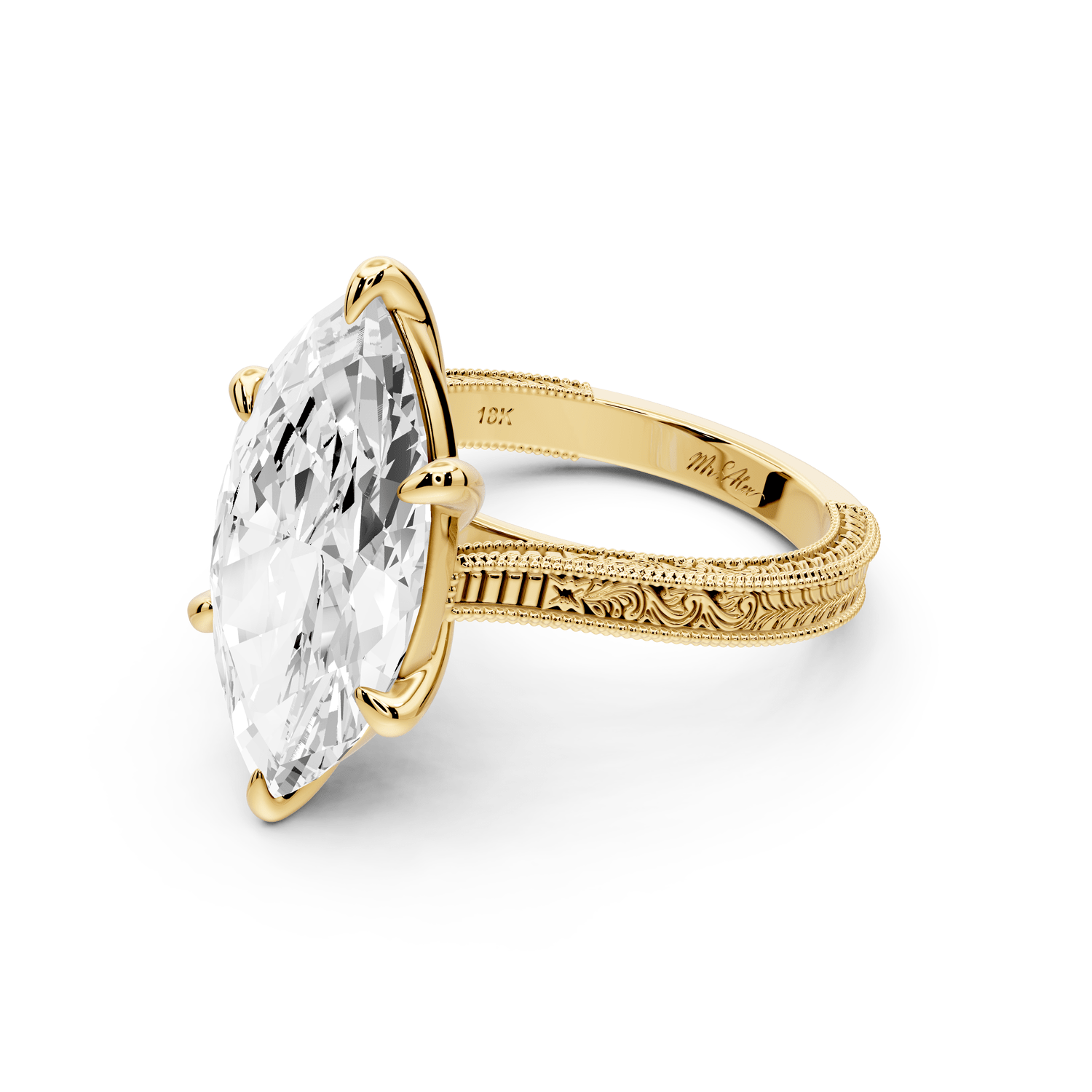 Daniel - 5ct 14k yellow gold Marquise Vintage-Inspired Solitaire Engagement Ring with Hand-Engraved Milgrain Band - Mr. Alex Jewelry