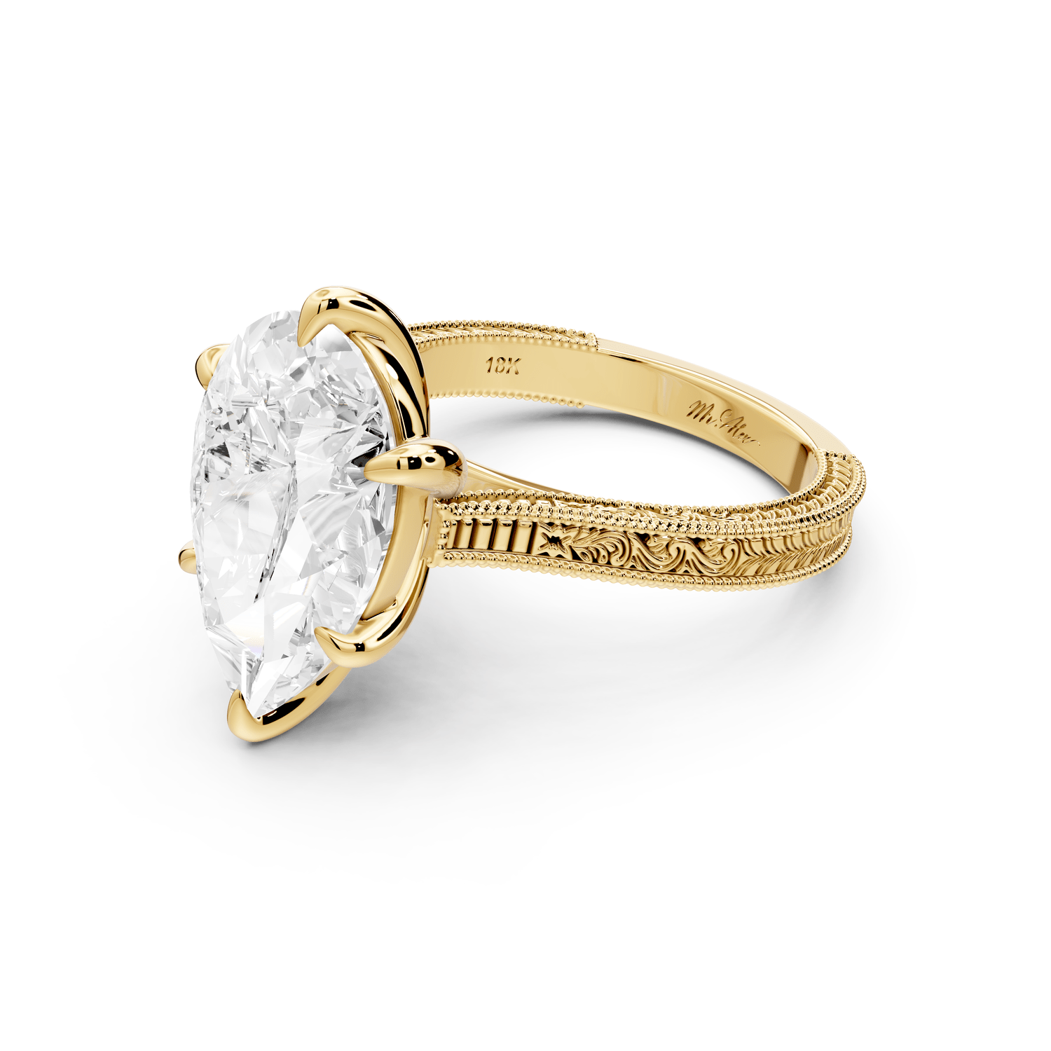 Daniel - 5ct 14k yellow gold Pear Vintage-Inspired Solitaire Engagement Ring with Hand-Engraved Milgrain Band - Mr. Alex Jewelry