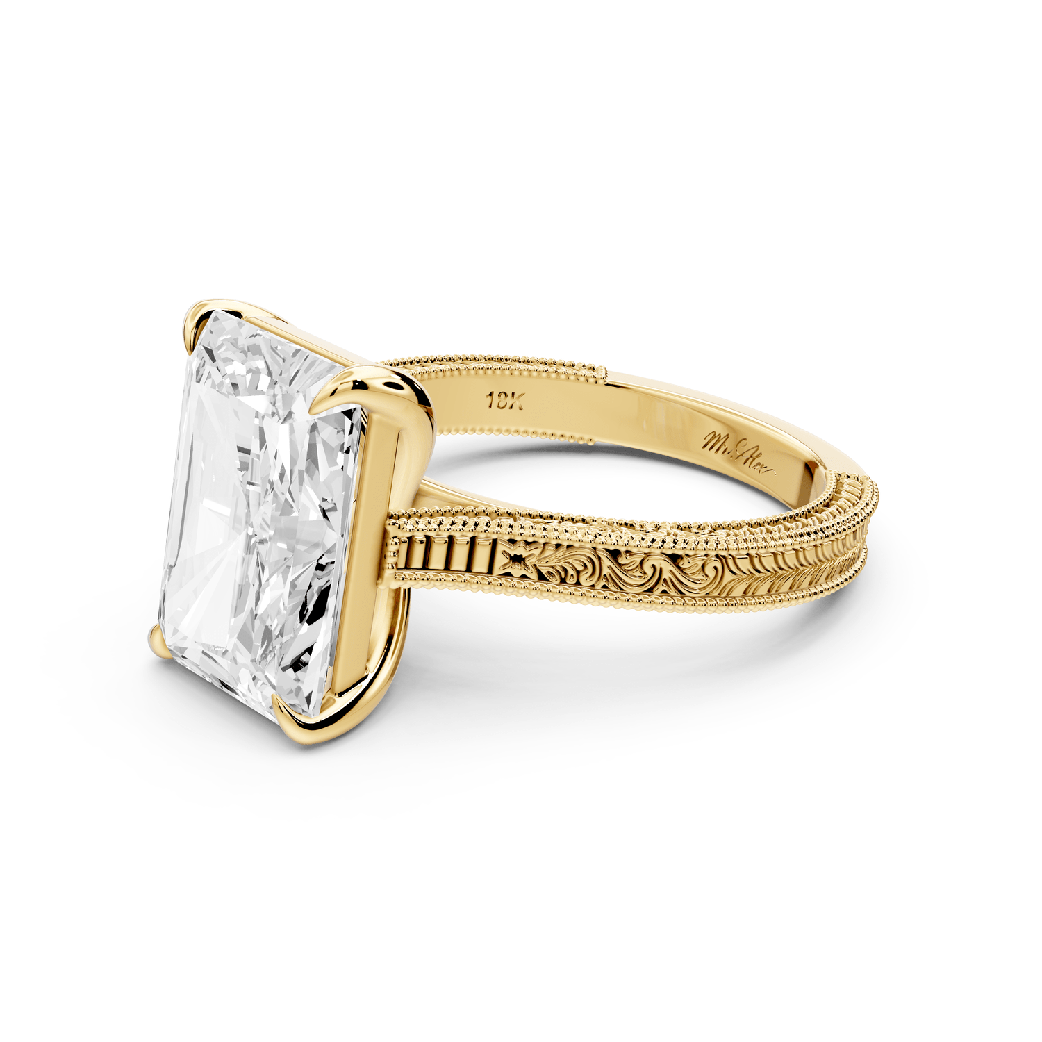Daniel - 5ct 14k yellow gold Radiant Vintage-Inspired Solitaire Engagement Ring with Hand-Engraved Milgrain Band - Mr. Alex Jewelry