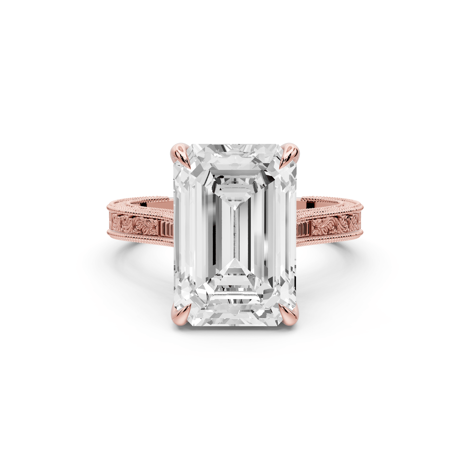 Daniel - 5ct 18k rose gold Emerald Vintage-Inspired Solitaire Engagement Ring with Hand-Engraved Milgrain Band - Mr. Alex Jewelry