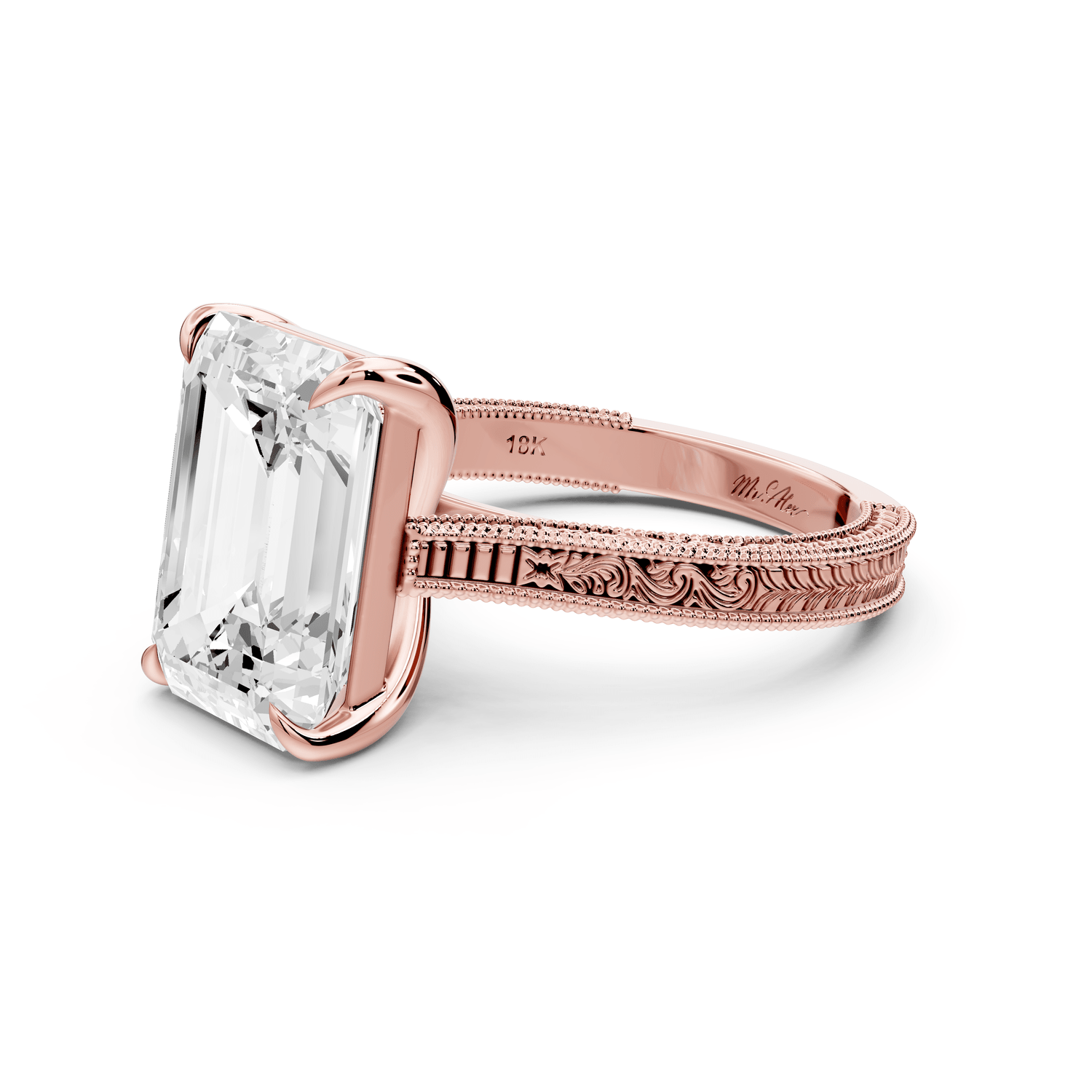 Daniel - 5ct 18k rose gold Emerald Vintage-Inspired Solitaire Engagement Ring with Hand-Engraved Milgrain Band - Mr. Alex Jewelry