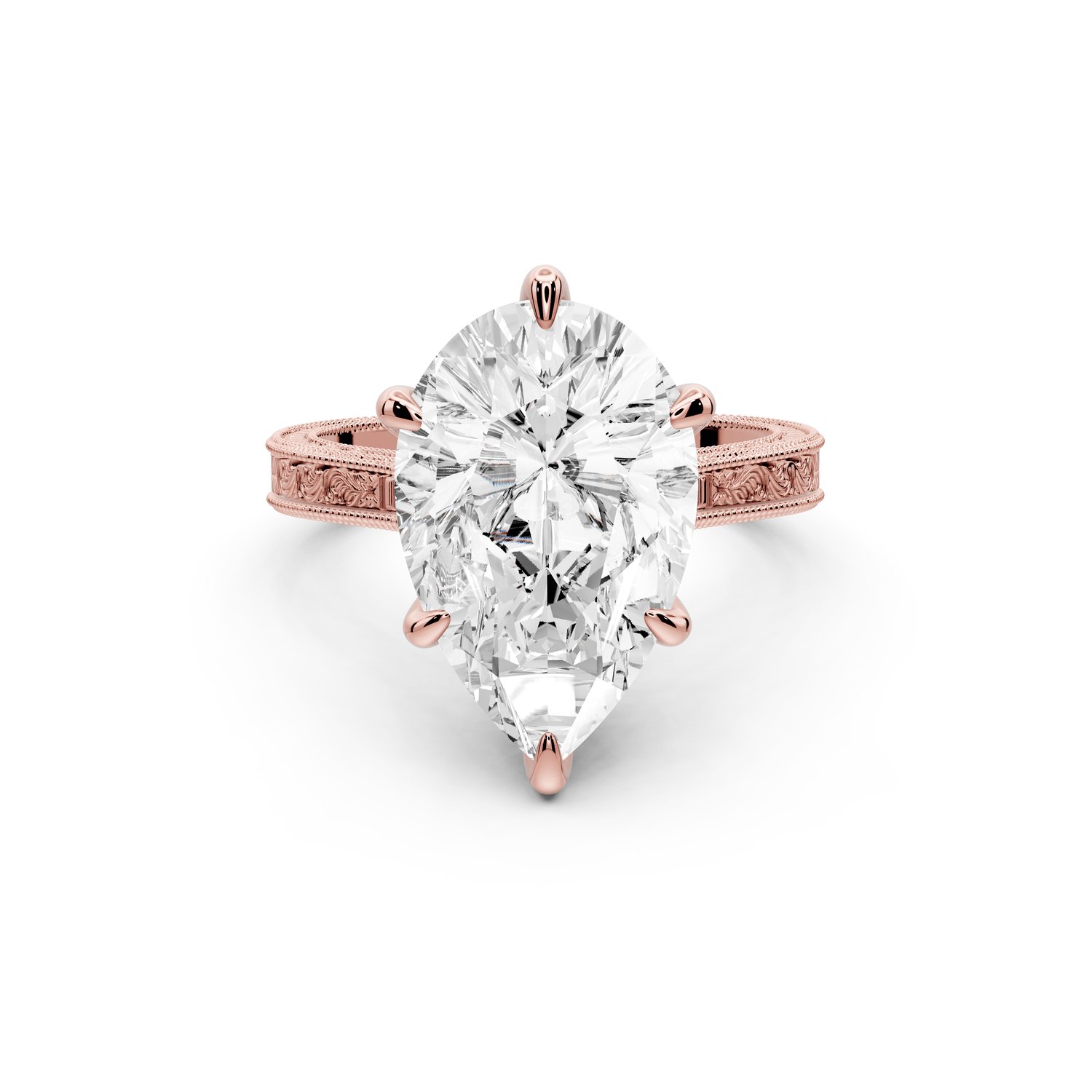 Daniel - 5ct 18k rose gold Pear Vintage-Inspired Solitaire Engagement Ring with Hand-Engraved Milgrain Band - Mr. Alex Jewelry