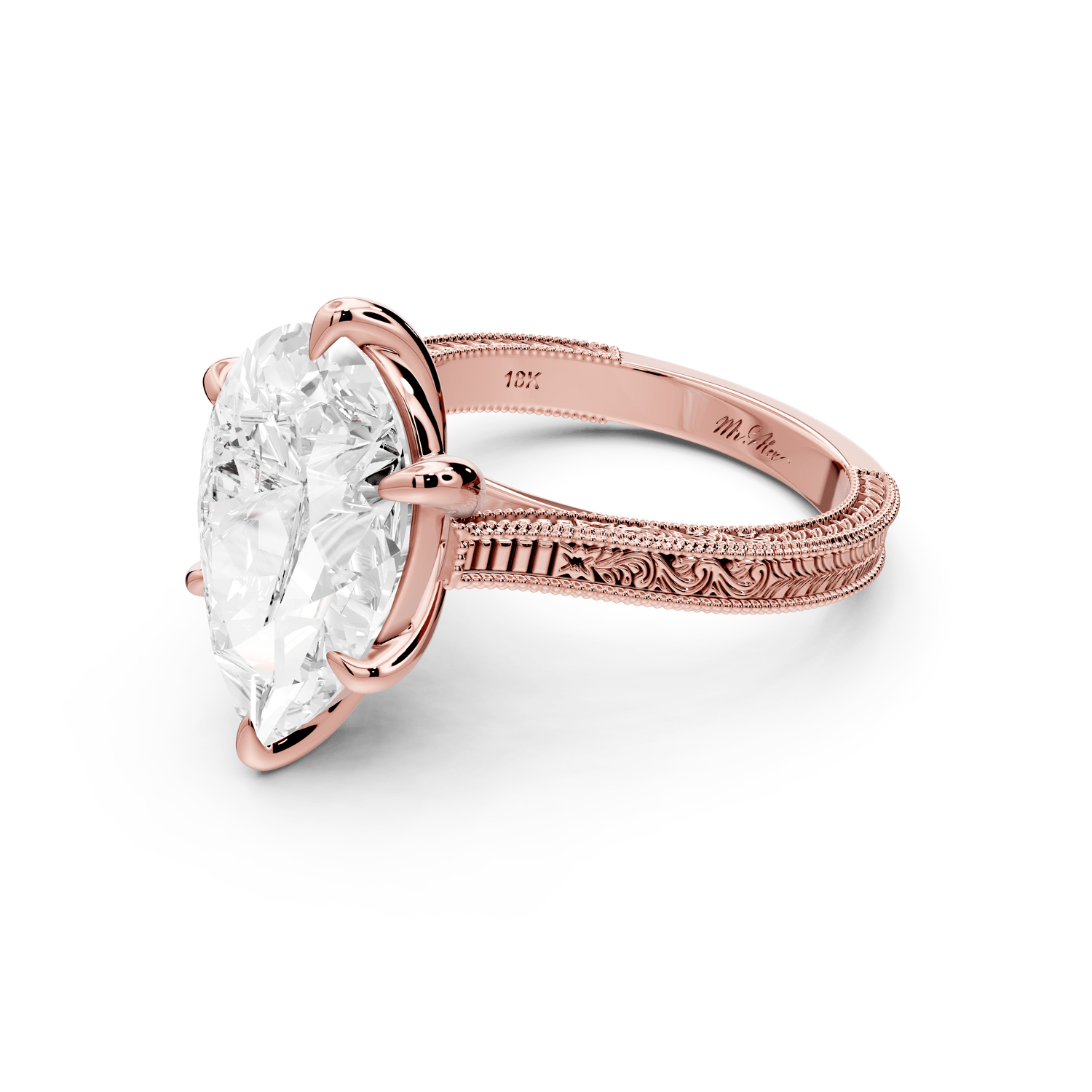 Daniel - 5ct 18k rose gold Pear Vintage-Inspired Solitaire Engagement Ring with Hand-Engraved Milgrain Band - Mr. Alex Jewelry