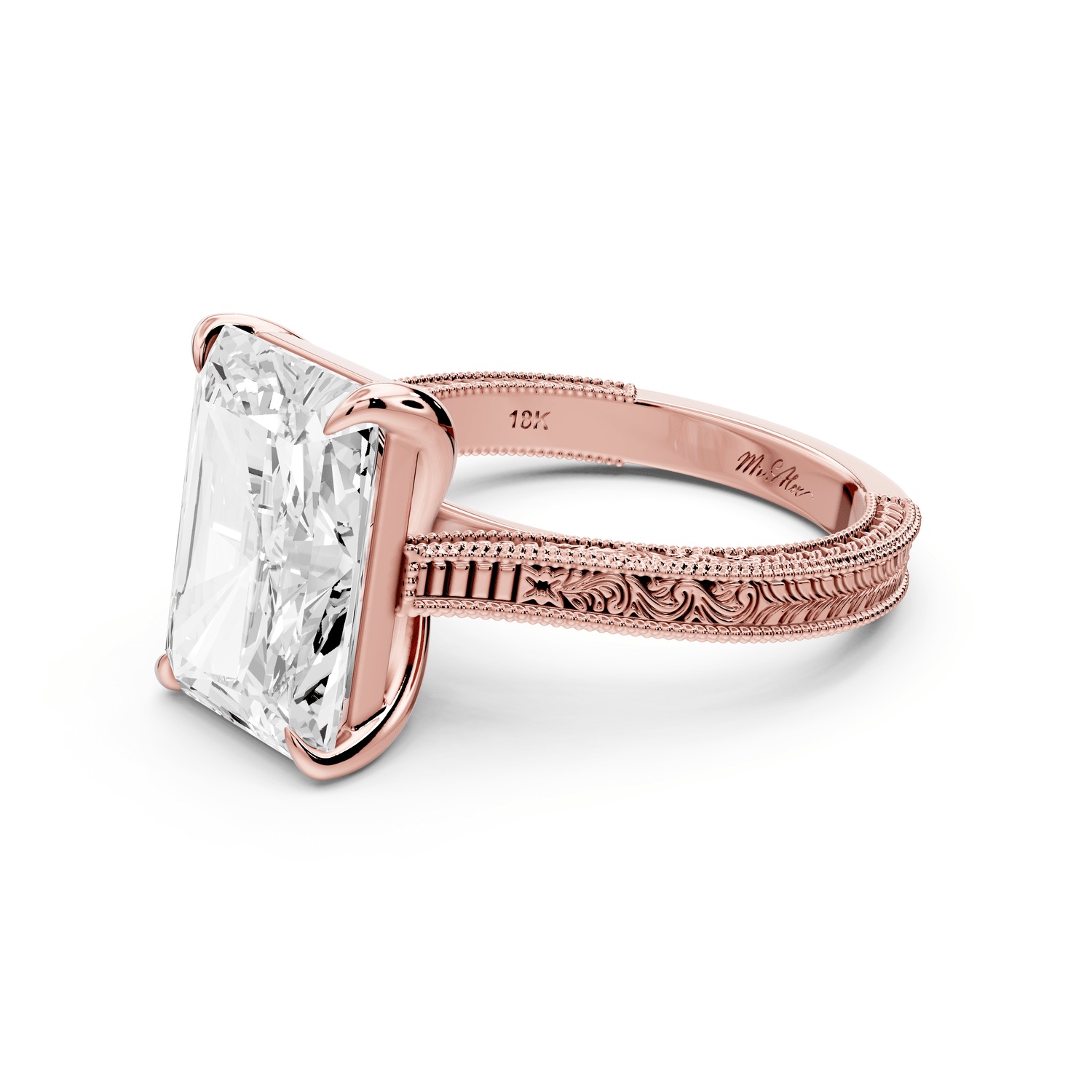 Daniel - 5ct 18k rose gold Radiant Vintage-Inspired Solitaire Engagement Ring with Hand-Engraved Milgrain Band - Mr. Alex Jewelry