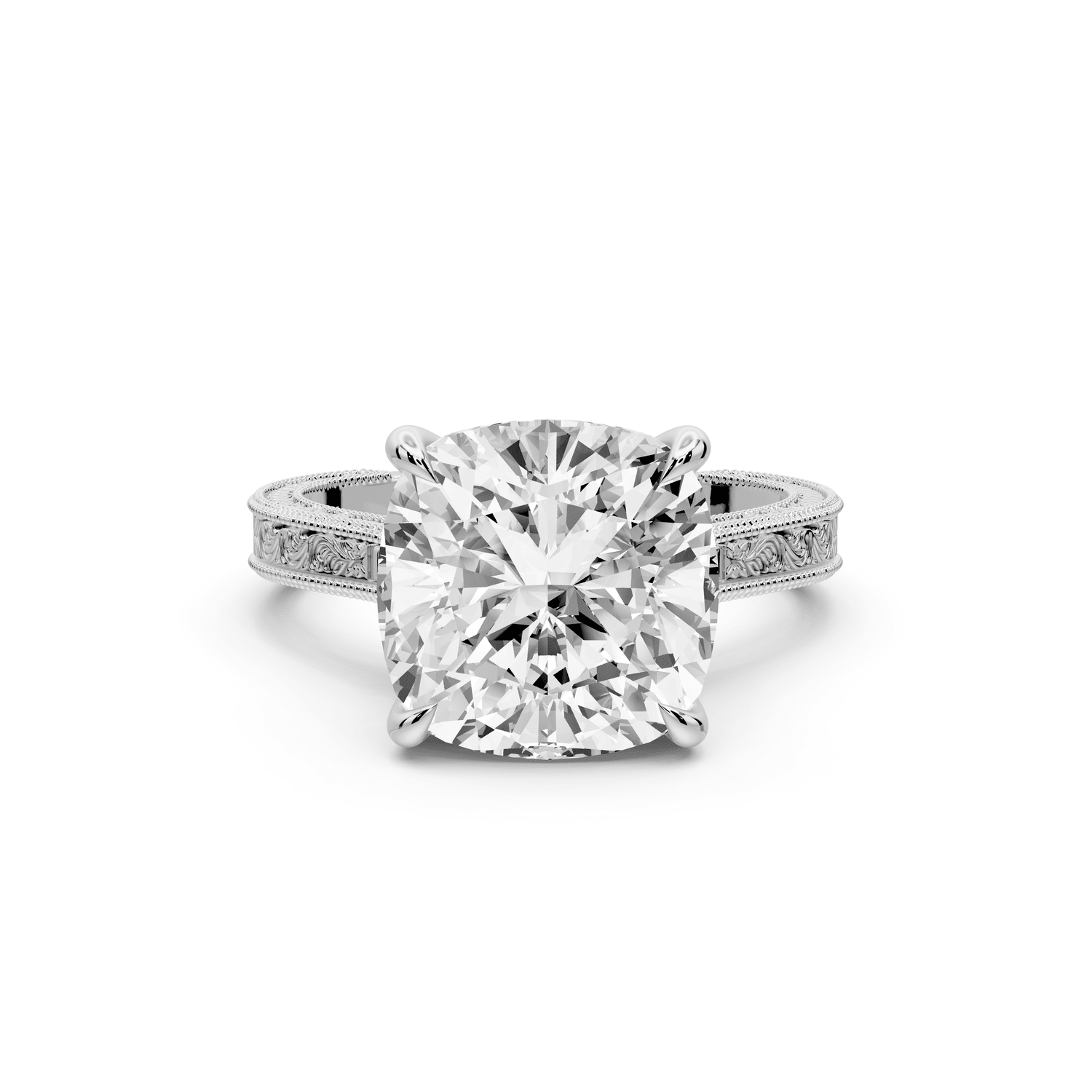 Daniel - 5ct 18k white gold Cushion Vintage-Inspired Solitaire Engagement Ring with Hand-Engraved Milgrain Band - Mr. Alex Jewelry