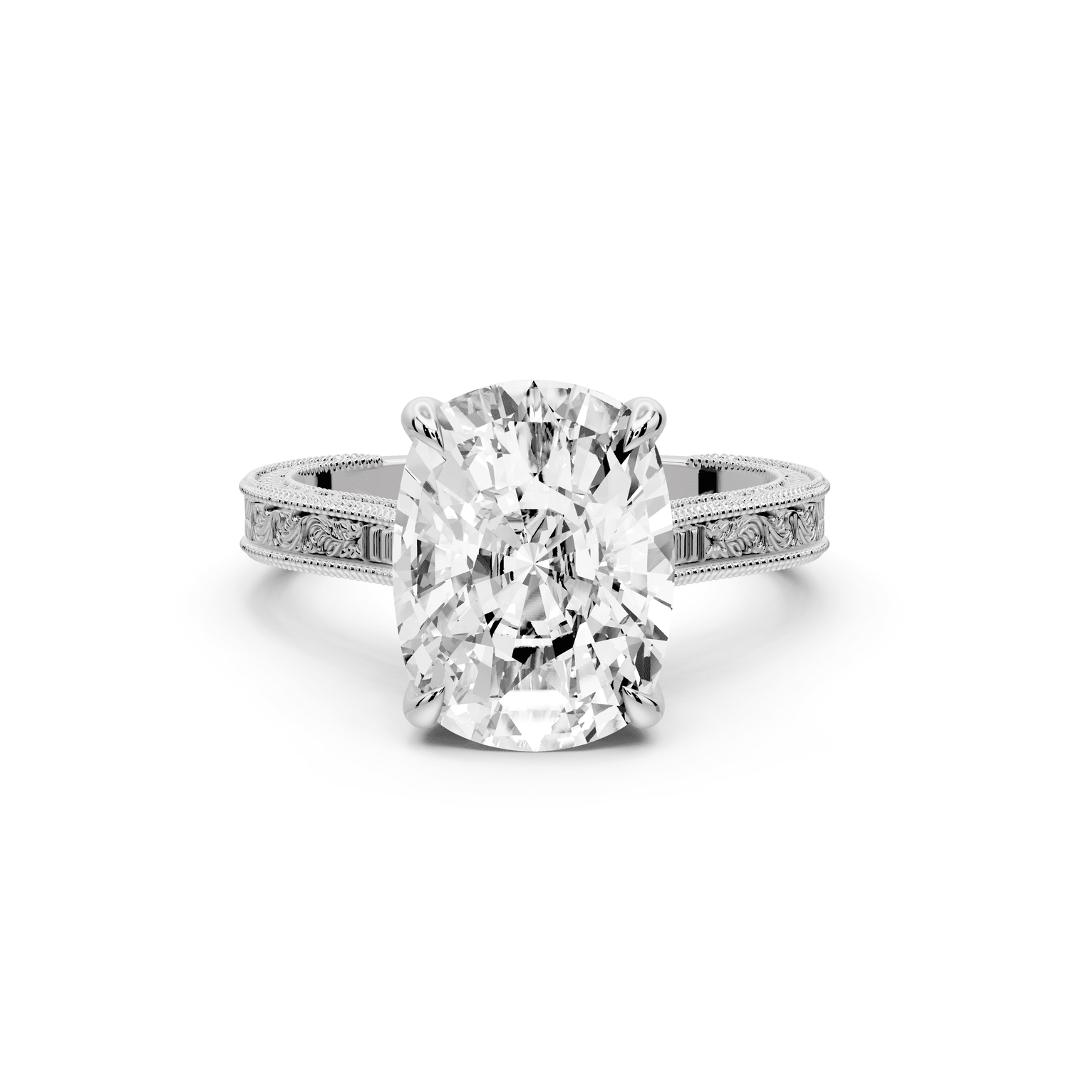 Daniel - 5ct 18k white gold Ecushion Vintage-Inspired Solitaire Engagement Ring with Hand-Engraved Milgrain Band - Mr. Alex Jewelry