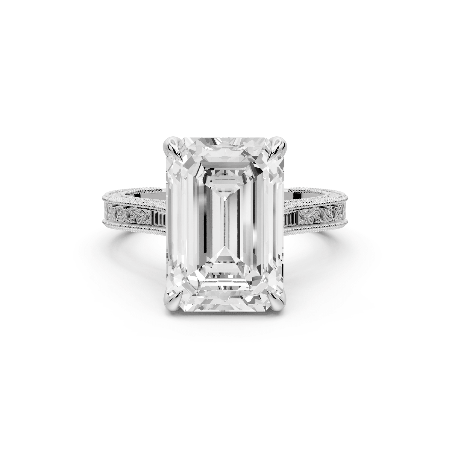 Daniel - 5ct 18k white gold Emerald Vintage-Inspired Solitaire Engagement Ring with Hand-Engraved Milgrain Band - Mr. Alex Jewelry