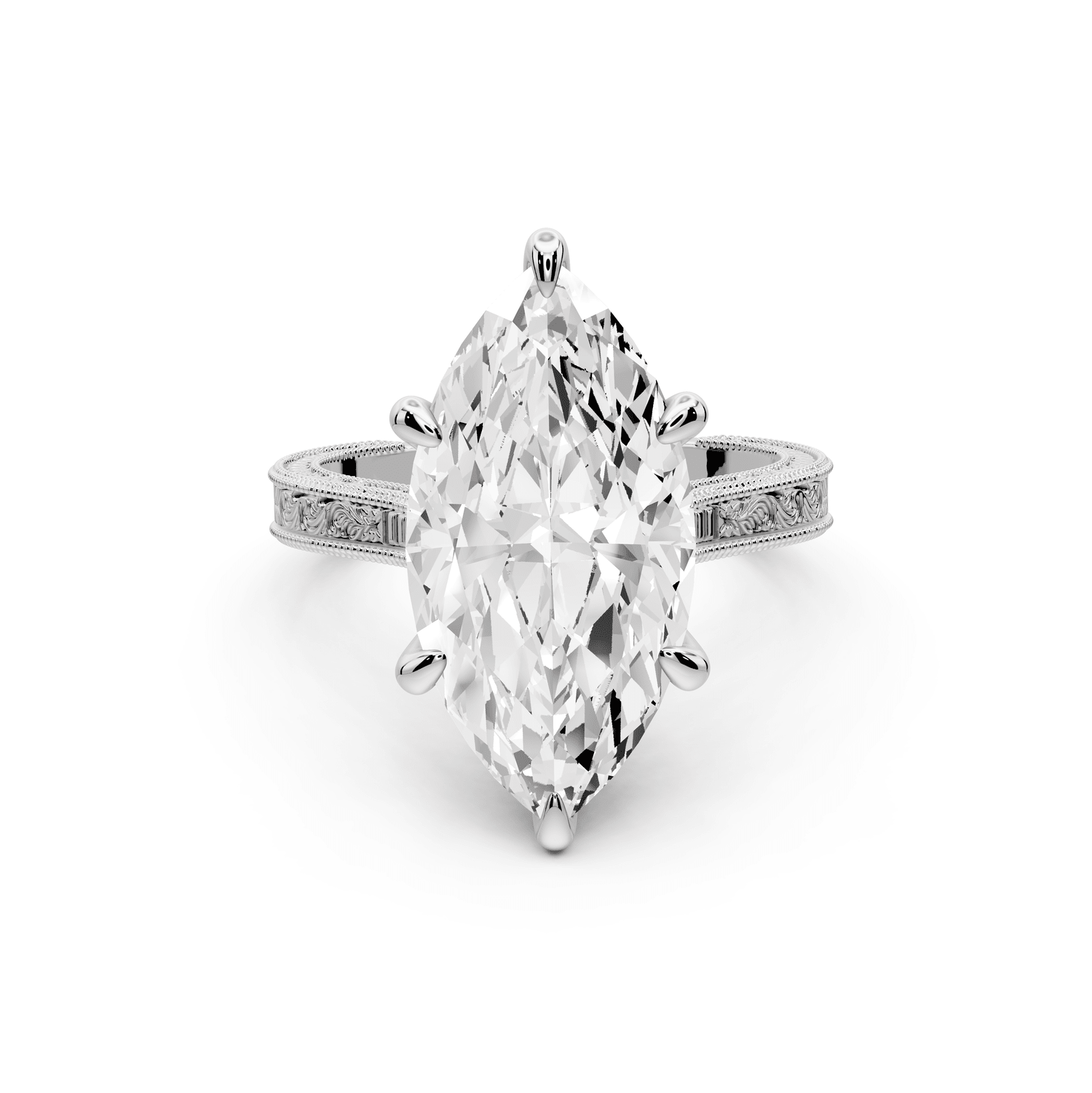 Daniel - 5ct 18k white gold Marquise Vintage-Inspired Solitaire Engagement Ring with Hand-Engraved Milgrain Band - Mr. Alex Jewelry