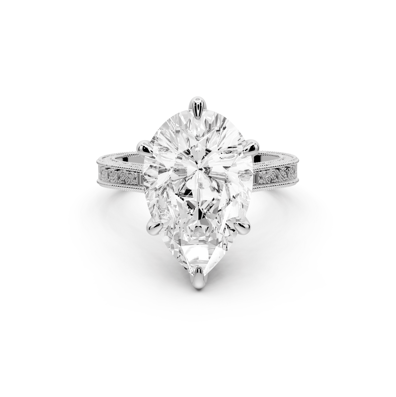 Daniel - 5ct 18k white gold Pear Vintage-Inspired Solitaire Engagement Ring with Hand-Engraved Milgrain Band - Mr. Alex Jewelry