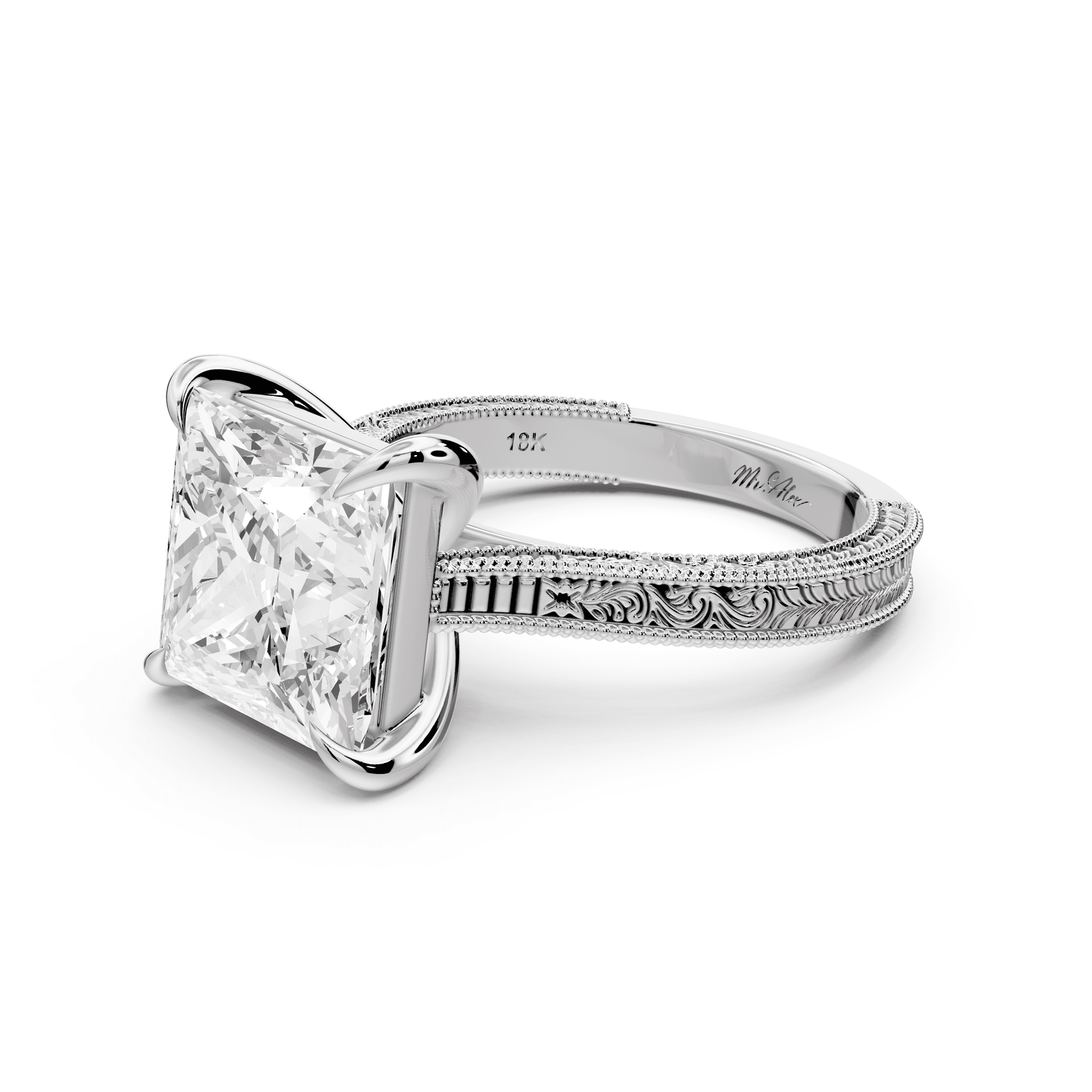 Daniel - 5ct 18k white gold Princess Vintage-Inspired Solitaire Engagement Ring with Hand-Engraved Milgrain Band - Mr. Alex Jewelry
