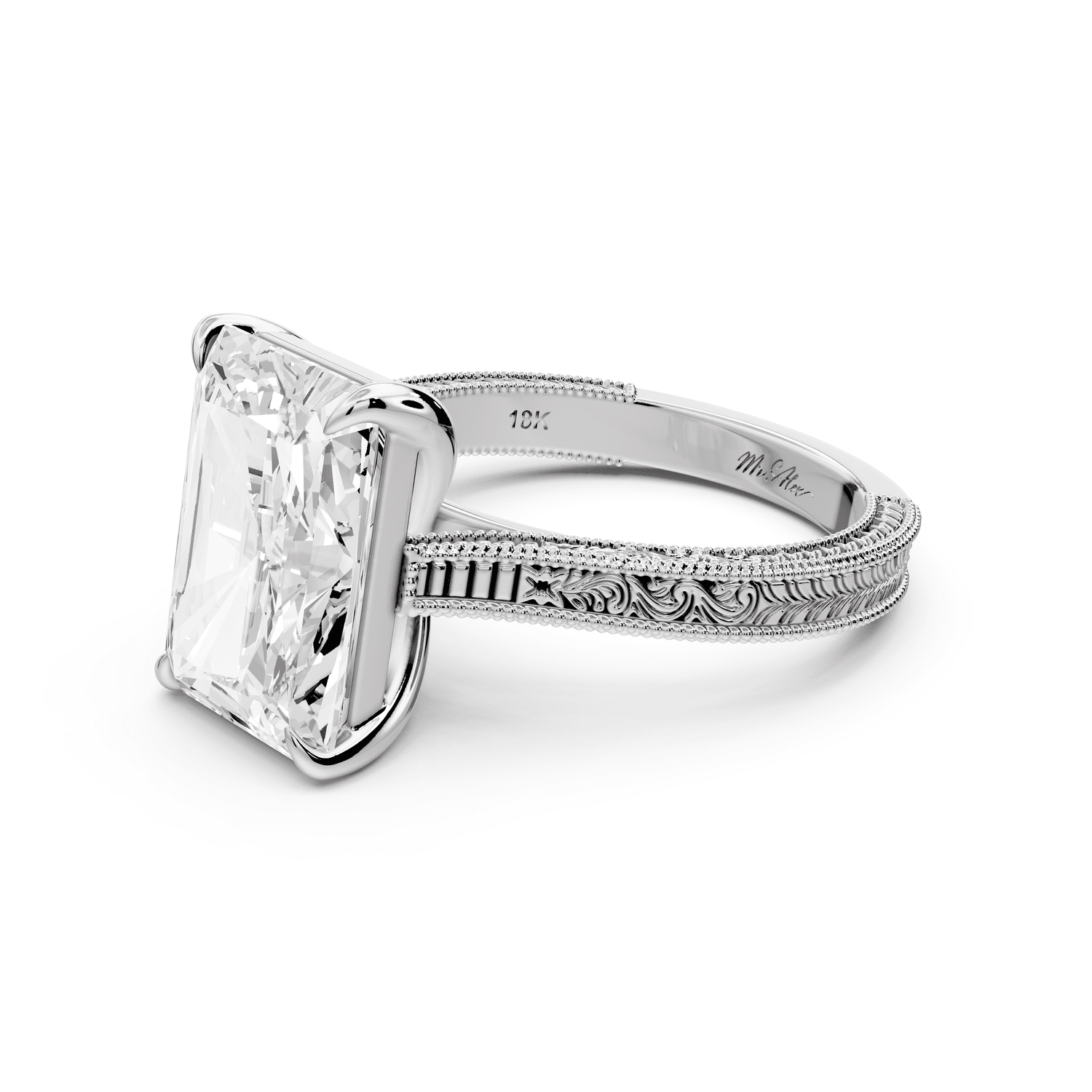 Daniel - 5ct 18k white gold Radiant Vintage-Inspired Solitaire Engagement Ring with Hand-Engraved Milgrain Band - Mr. Alex Jewelry