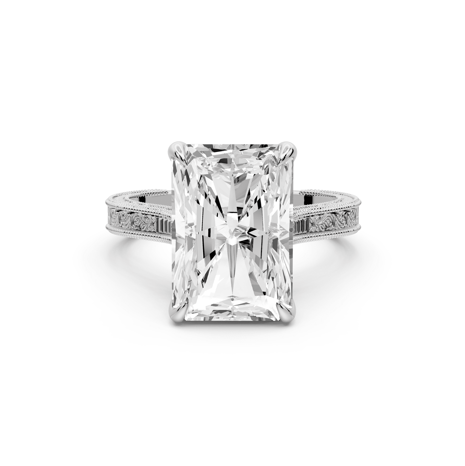 Daniel - 5ct 18k white gold Radiant Vintage-Inspired Solitaire Engagement Ring with Hand-Engraved Milgrain Band - Mr. Alex Jewelry