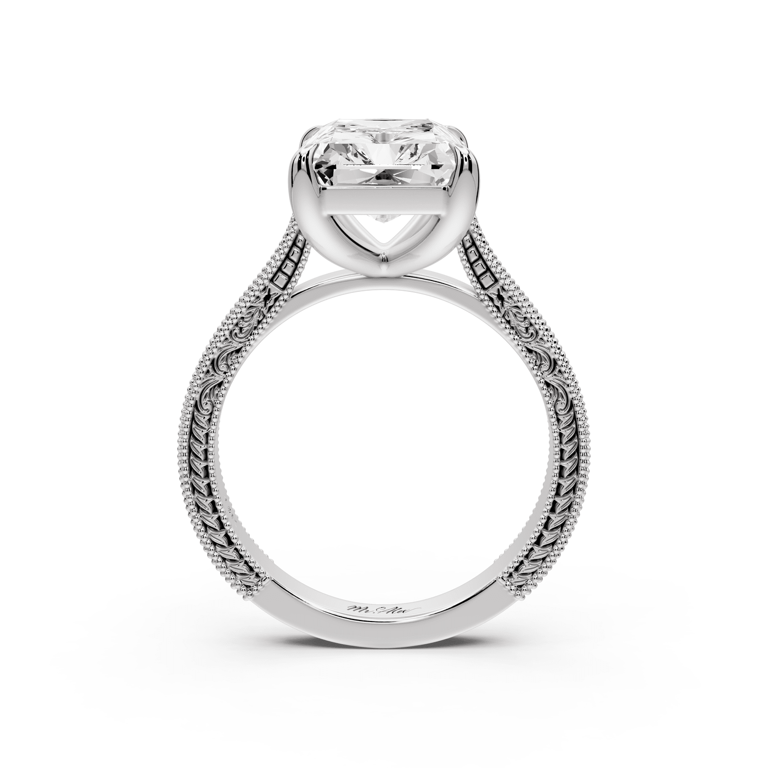 Daniel - 5ct 18k white gold Radiant Vintage-Inspired Solitaire Engagement Ring with Hand-Engraved Milgrain Band - Mr. Alex Jewelry