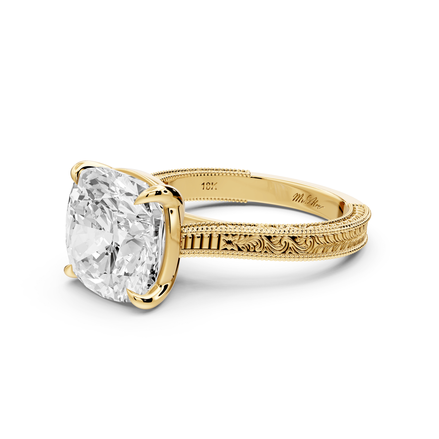Daniel - 5ct 18k yellow gold Cushion Vintage-Inspired Solitaire Engagement Ring with Hand-Engraved Milgrain Band - Mr. Alex Jewelry