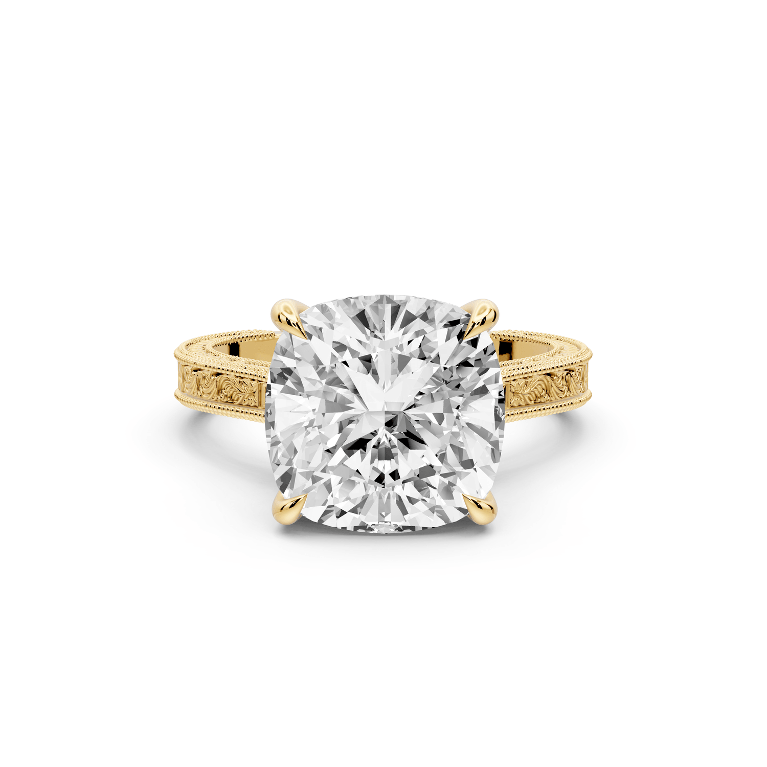 Daniel - 5ct 18k yellow gold Cushion Vintage-Inspired Solitaire Engagement Ring with Hand-Engraved Milgrain Band - Mr. Alex Jewelry