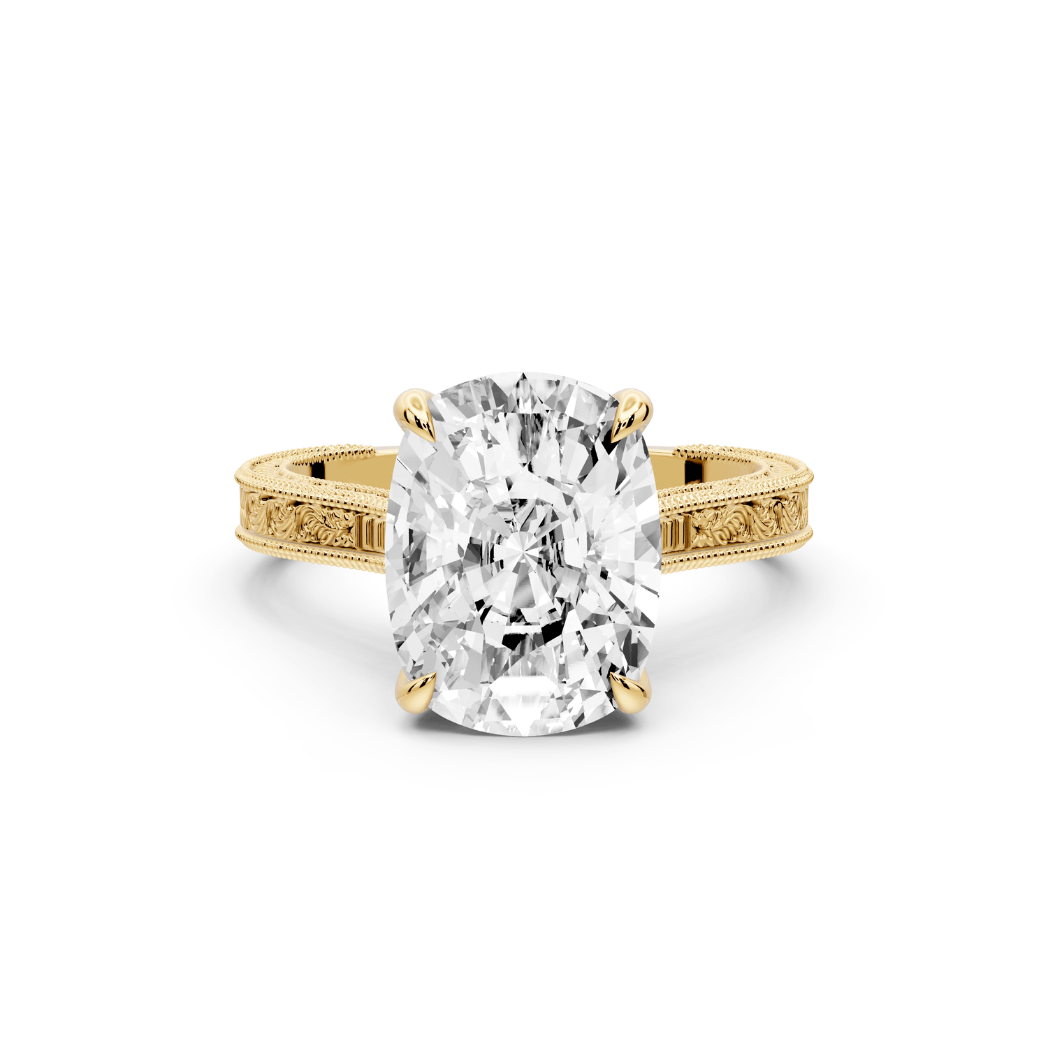 Daniel - 5ct 18k yellow gold Ecushion Vintage-Inspired Solitaire Engagement Ring with Hand-Engraved Milgrain Band - Mr. Alex Jewelry