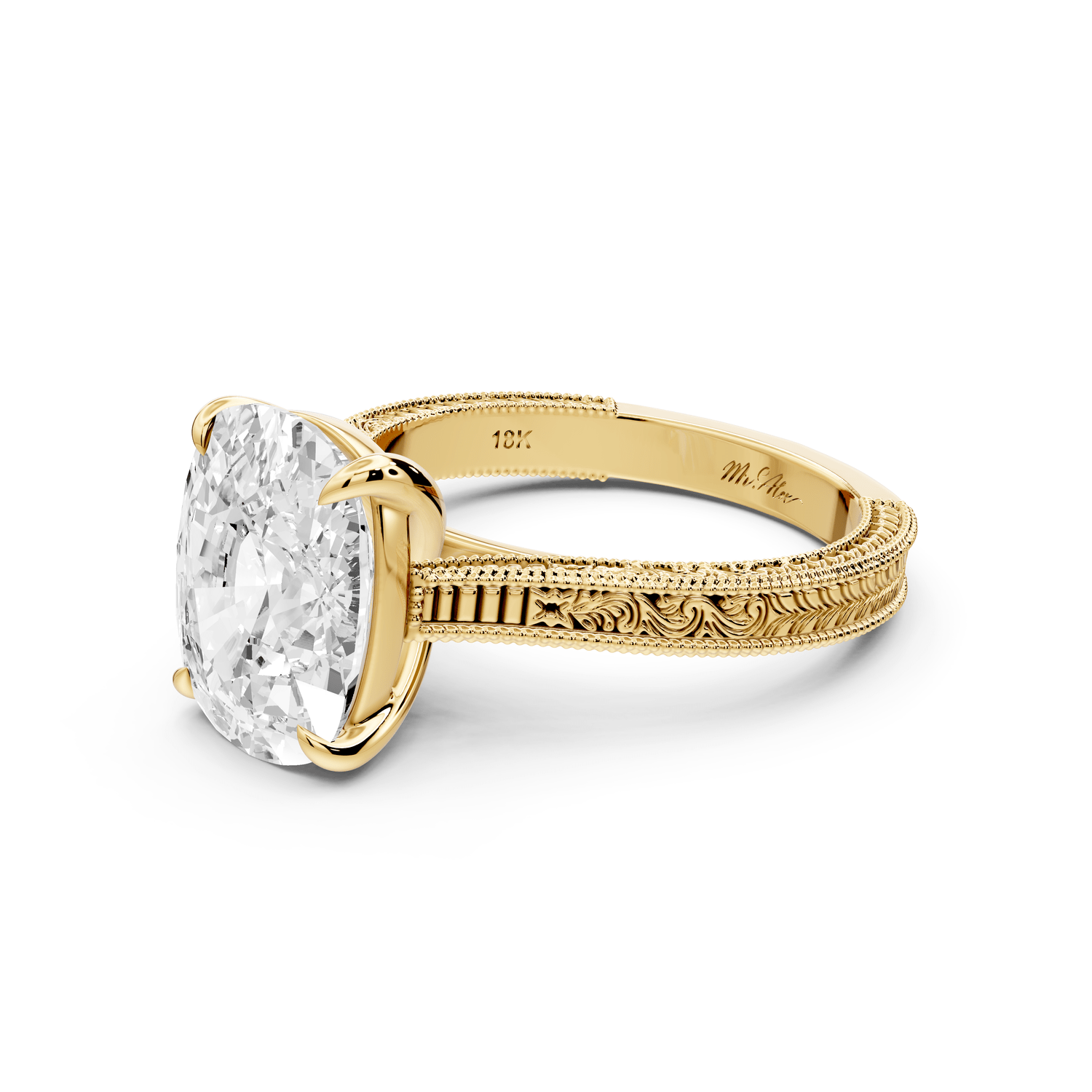 Daniel - 5ct 18k yellow gold Ecushion Vintage-Inspired Solitaire Engagement Ring with Hand-Engraved Milgrain Band - Mr. Alex Jewelry