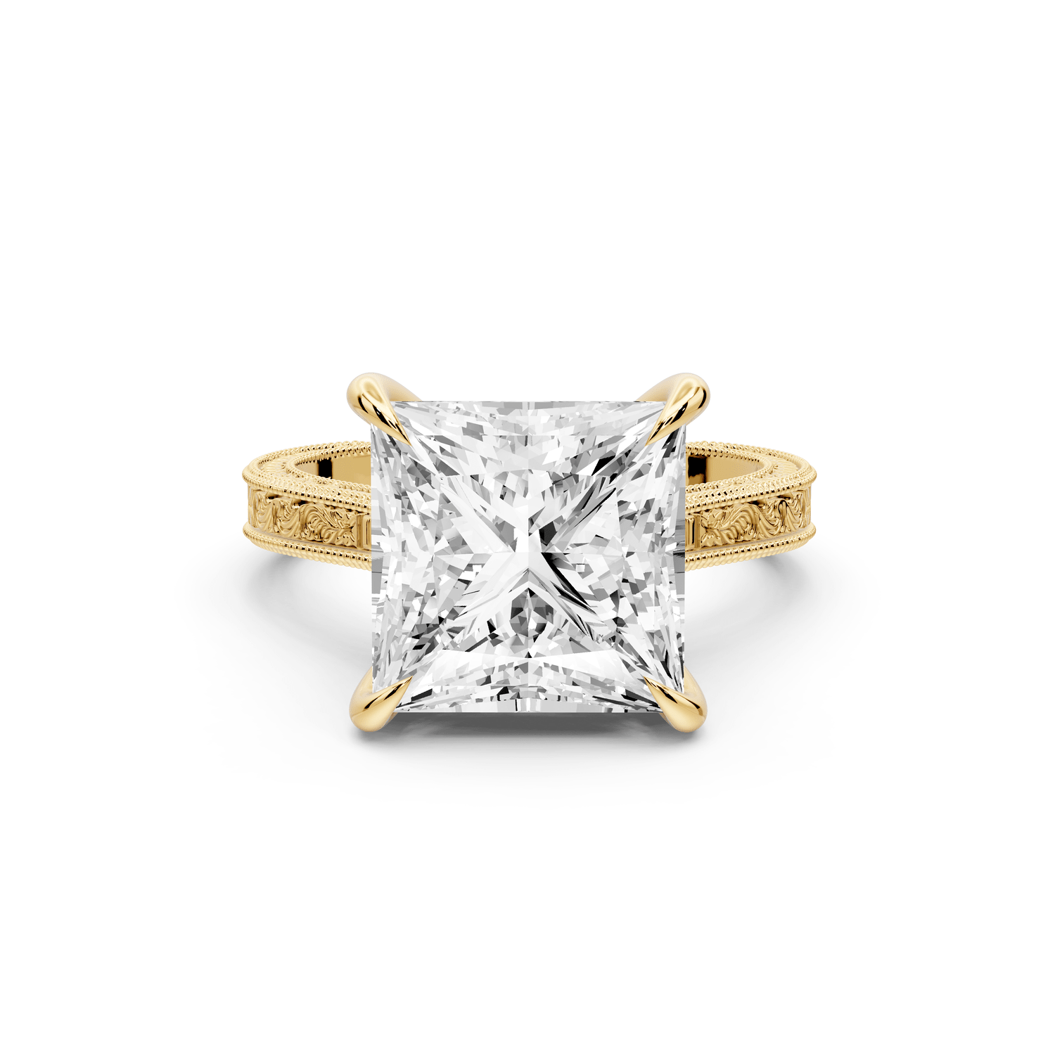 Daniel - 5ct 18k yellow gold Princess Vintage-Inspired Solitaire Engagement Ring with Hand-Engraved Milgrain Band - Mr. Alex Jewelry