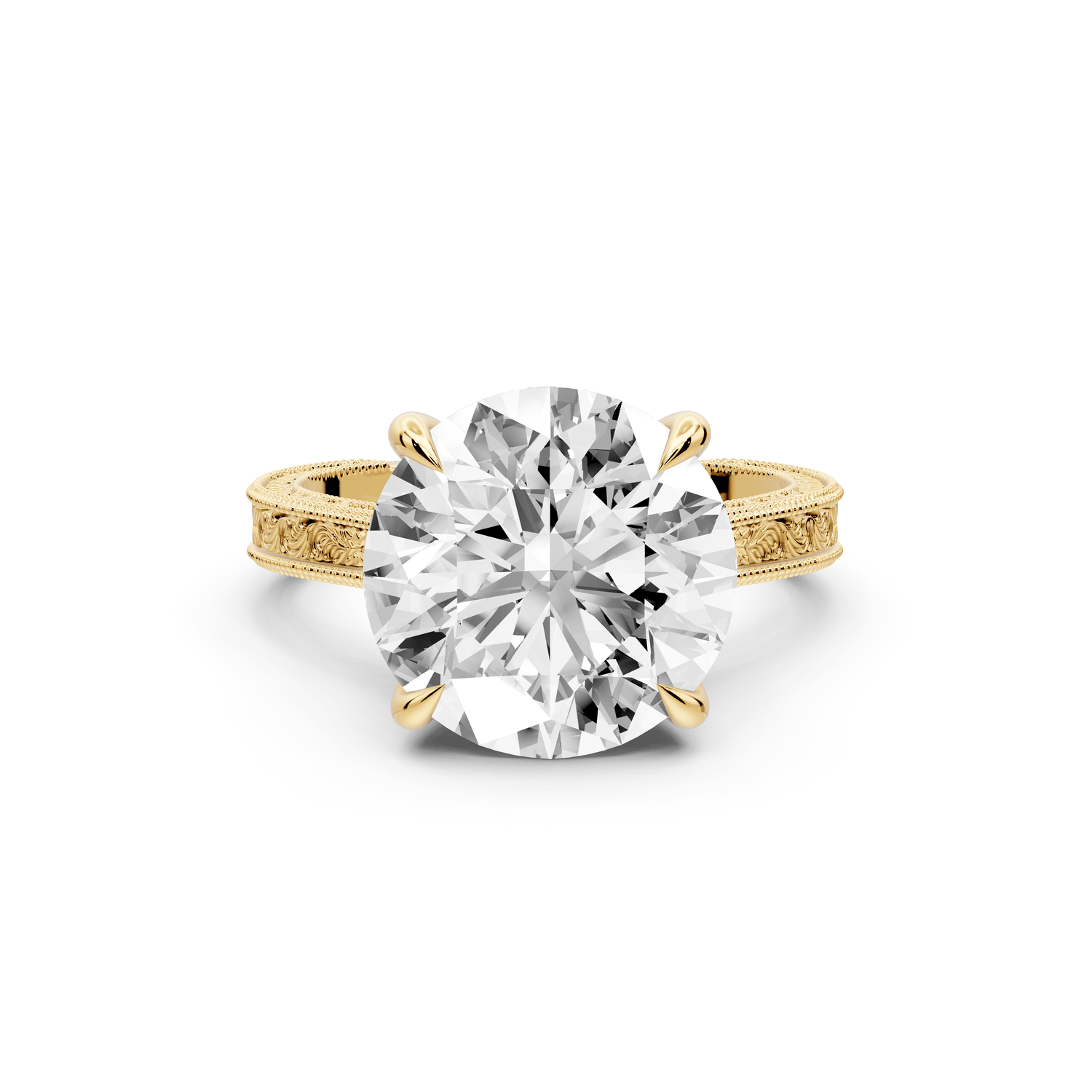 Daniel - 5ct 18k yellow gold Round Vintage-Inspired Solitaire Engagement Ring with Hand-Engraved Milgrain Band - Mr. Alex Jewelry