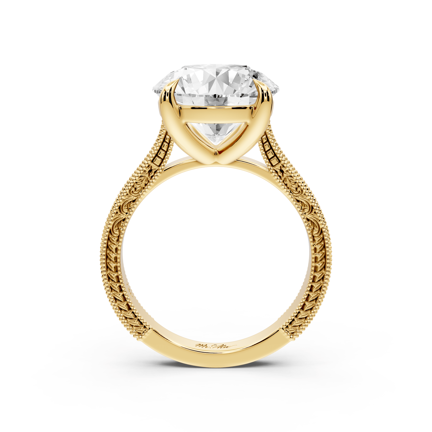 Daniel - 5ct 18k yellow gold Round Vintage-Inspired Solitaire Engagement Ring with Hand-Engraved Milgrain Band - Mr. Alex Jewelry