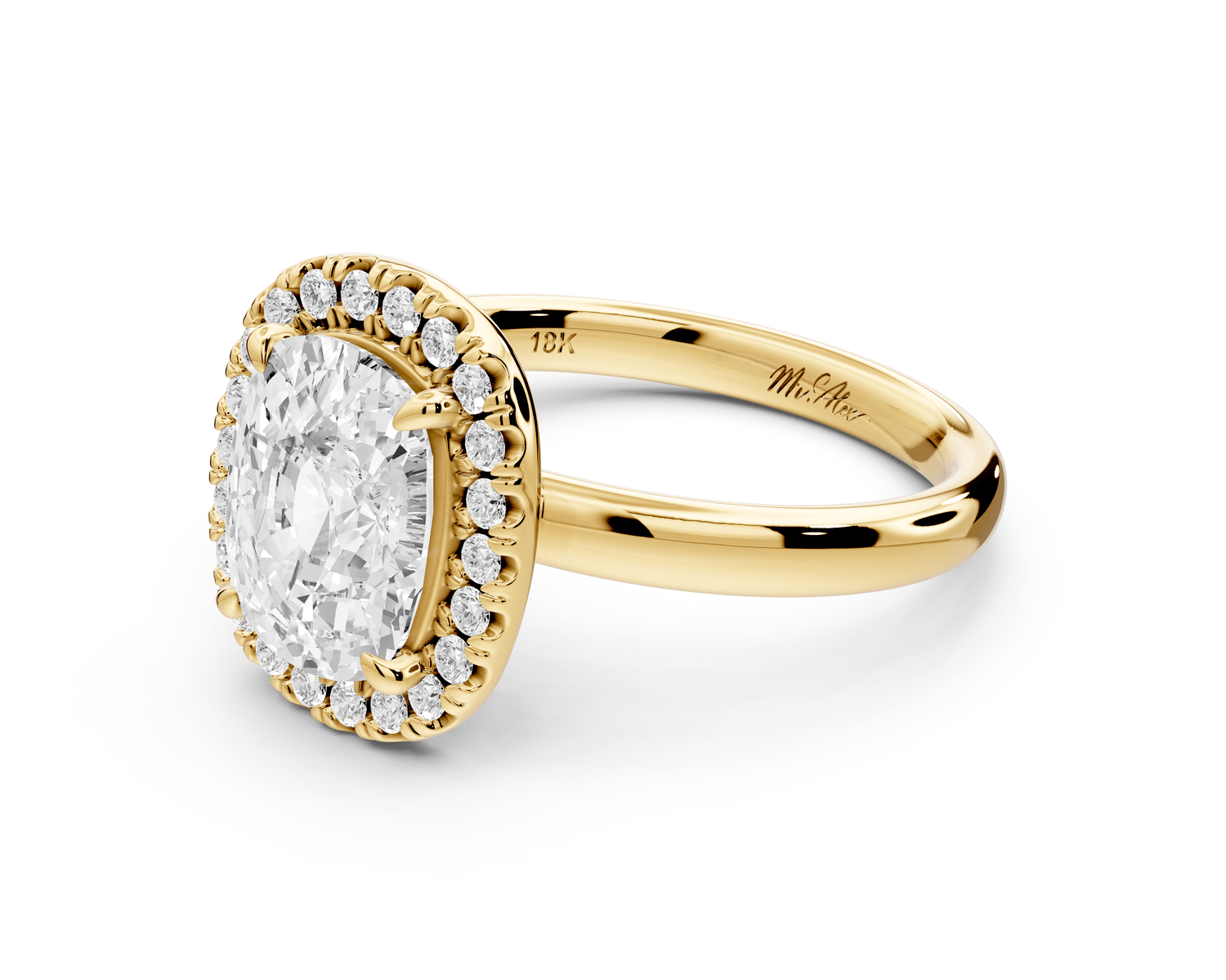 Eliana - 2ct 18k yellow gold ecushion diamond with halo engagement ring - Mr. Alex Jewelry